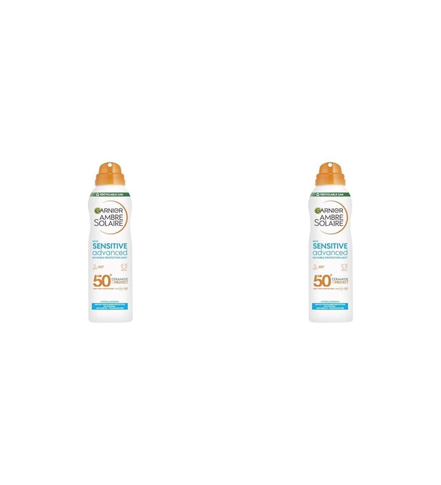 Garnier Ambre Solaire SPF 50+ Sensitive Advanced Dry Mist Sun Cream Spray Water Resistant & Non Greasy Sunscreen Fragrance Free UVA & UVB Protection Approved by Cruelty Free International 150ml 150 ml (Pack of 2) - Buy Online on GoSupps.com