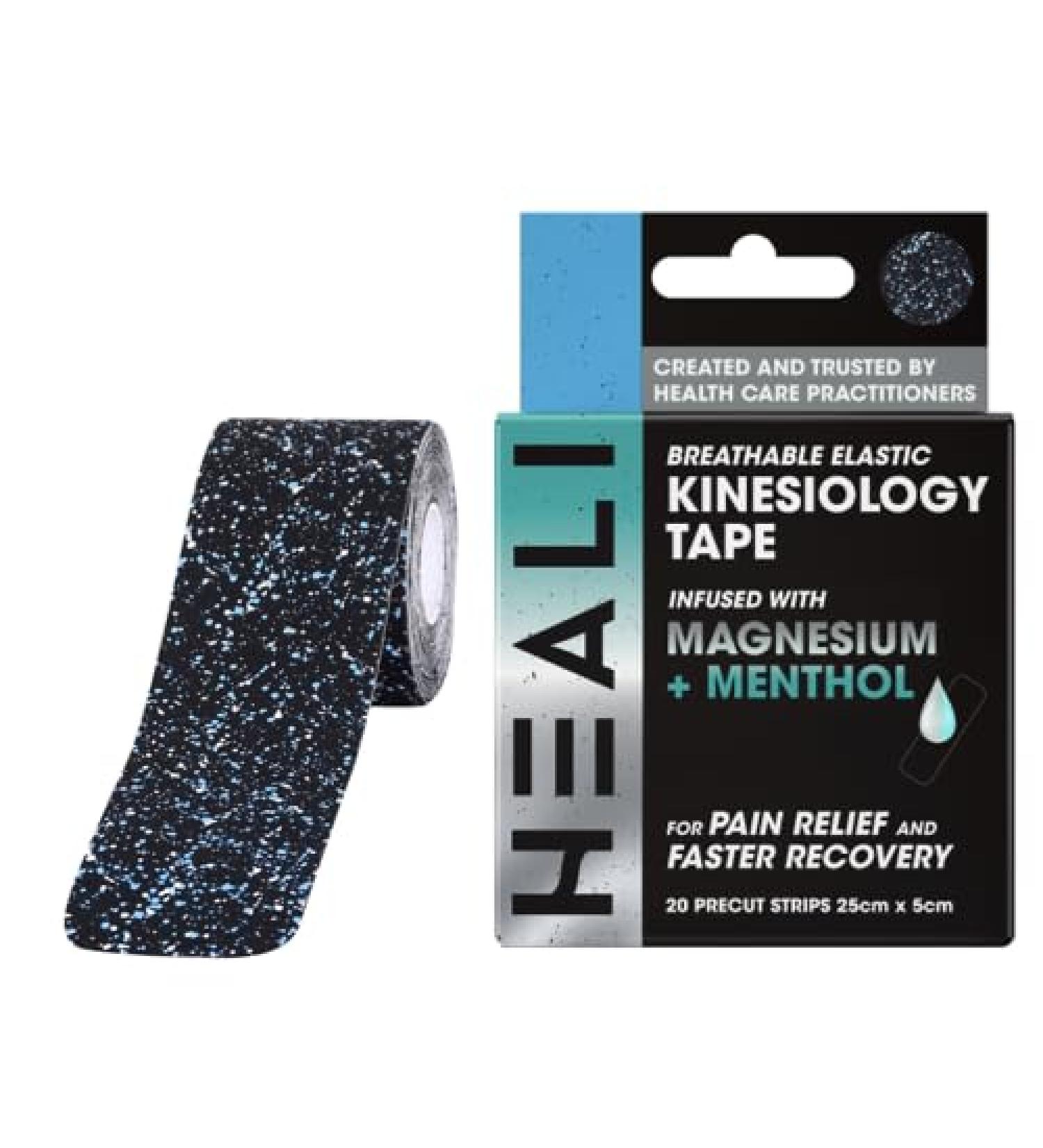 Heali Precut Kinesiology Tape Infused with Magnesium & Menthol - Roll - 20 Strips - 2" x 10" (5cm x 25cm) - Synthetic Silk Latex Free Strong Adhesive to Last 4-7 Days -Splatter Paint Design - Buy Online on GoSupps.com