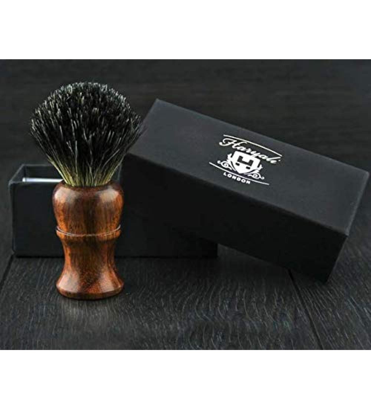 Black hair shaving brush with wooden handle for men shaving