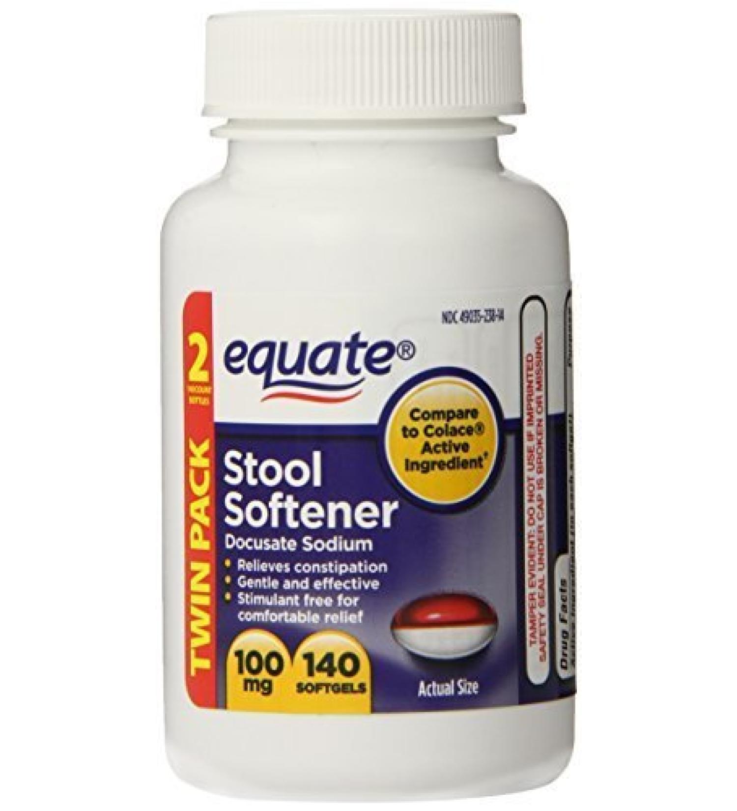 Equate Colace TwinPack 280 - Two bottles 100mg 140 Capsules Compare to Colace by Equate