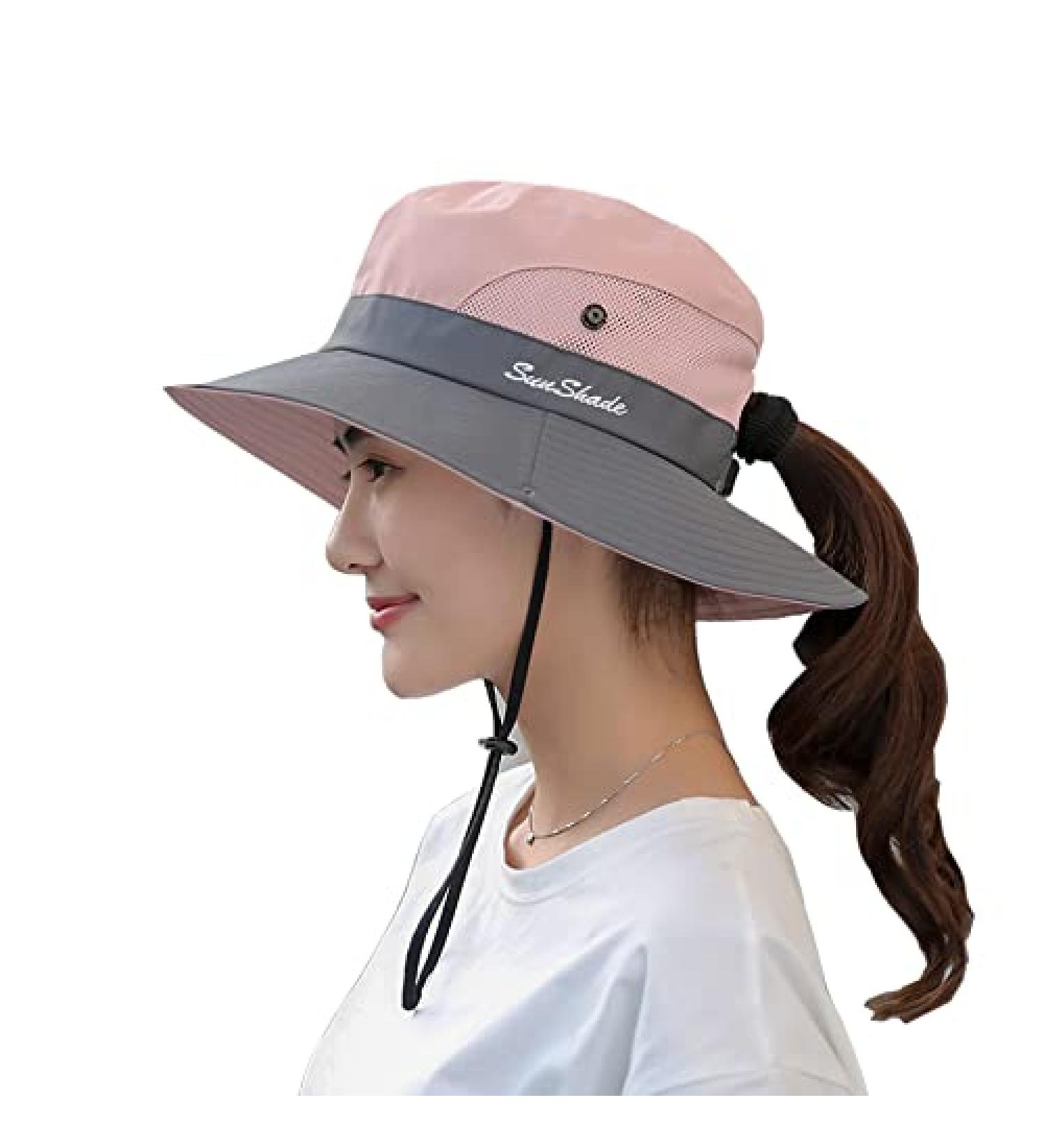 NPQQUAN Sun Hat for Women Men - 2 PCS Wide Brim UPF 50+ Fishing Bucket Beach Hats with Ponytail Hole - Pink/Grey - Buy Online on GoSupps.com
