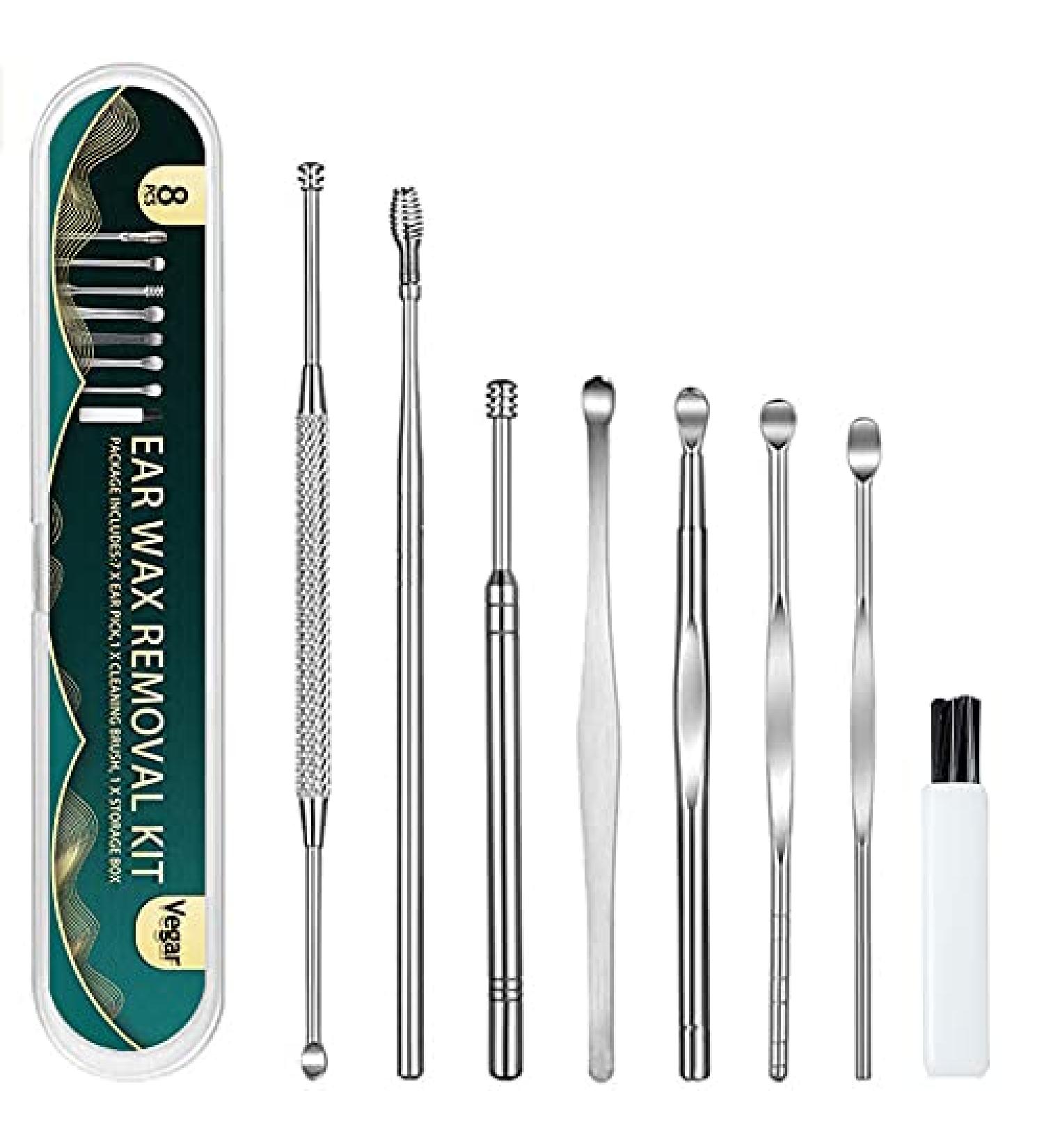 8PCS Premium Stainless Steel Earwax Removal Kit - Easy to Use & Clean | Ear Curette Tools with Brush & Storage Box - Buy Online on GoSupps.com