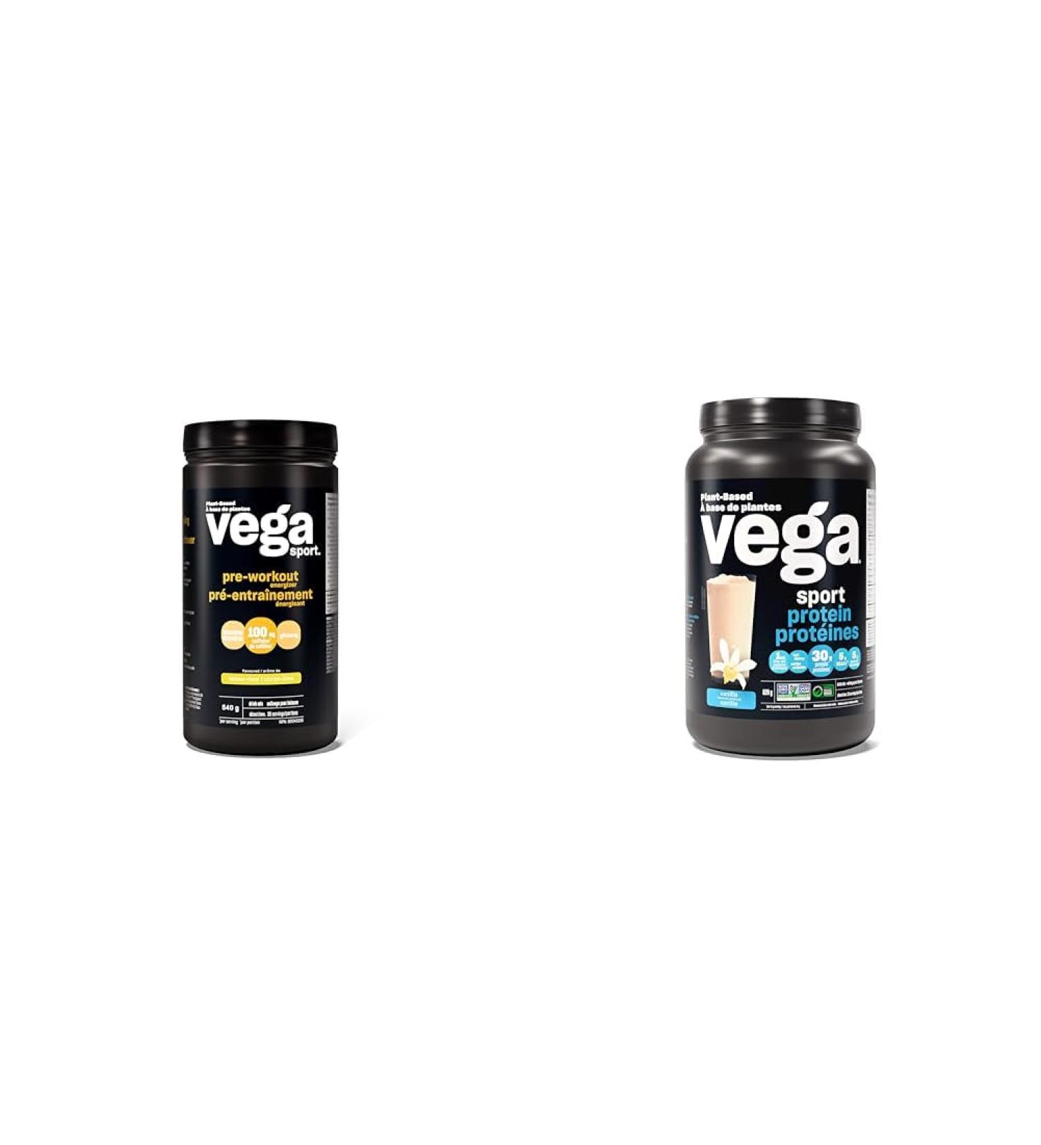 Vega Sport Pre-Workout Energizer Lemon Lime (30 Servings) & Sport Protein Vegan Protein Powder Vanilla (20 Servings) BCAAs Amino Acid Lemon Lime + Vanilla 540 g (Pack of 1) - Buy Online on GoSupps.com