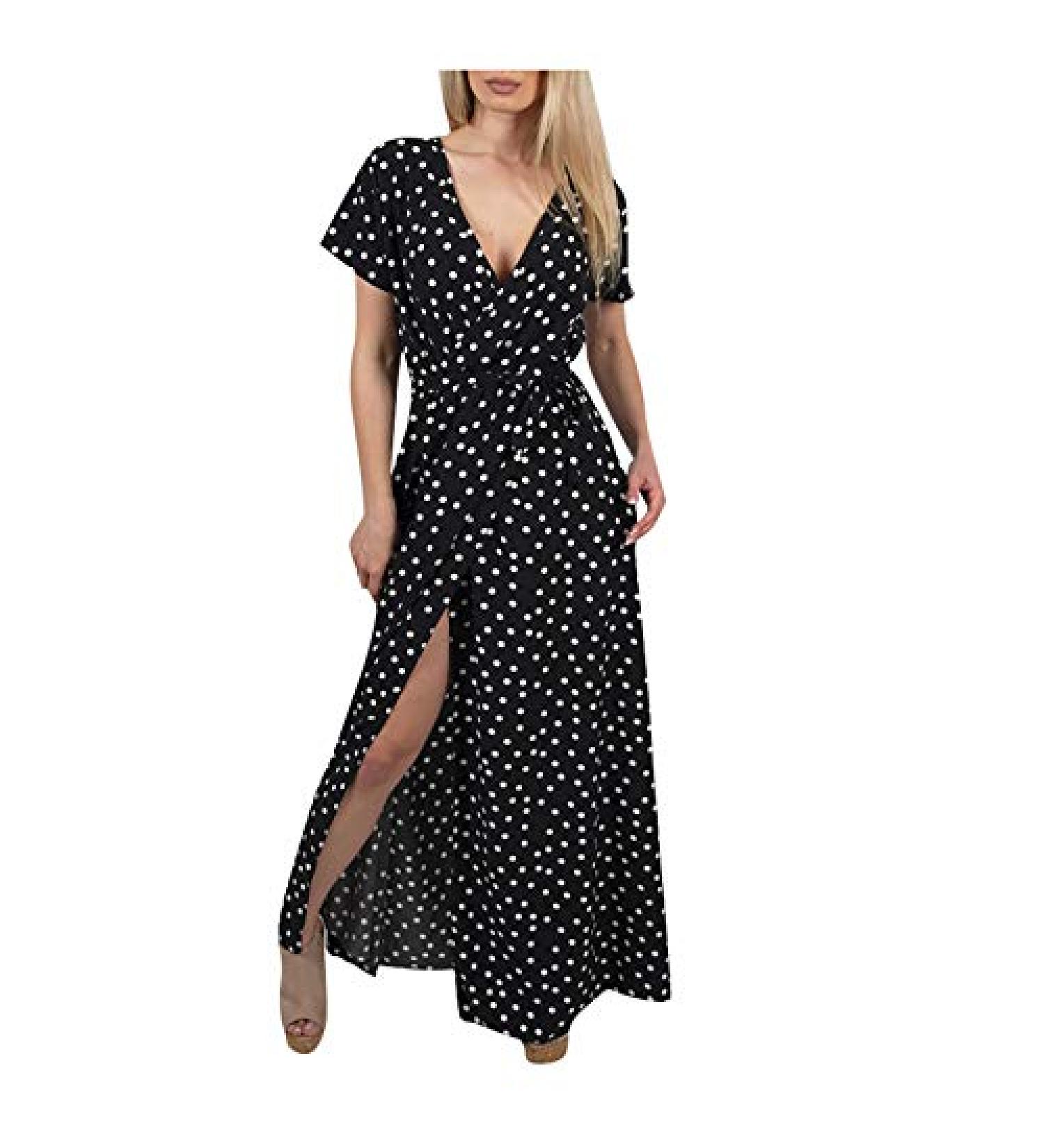 Hemlock Women's V-Neck Short Sleeve Maxi Dress | Printed Summer Beach Dress | Plus Size XX-Large Black - Buy Online on GoSupps.com
