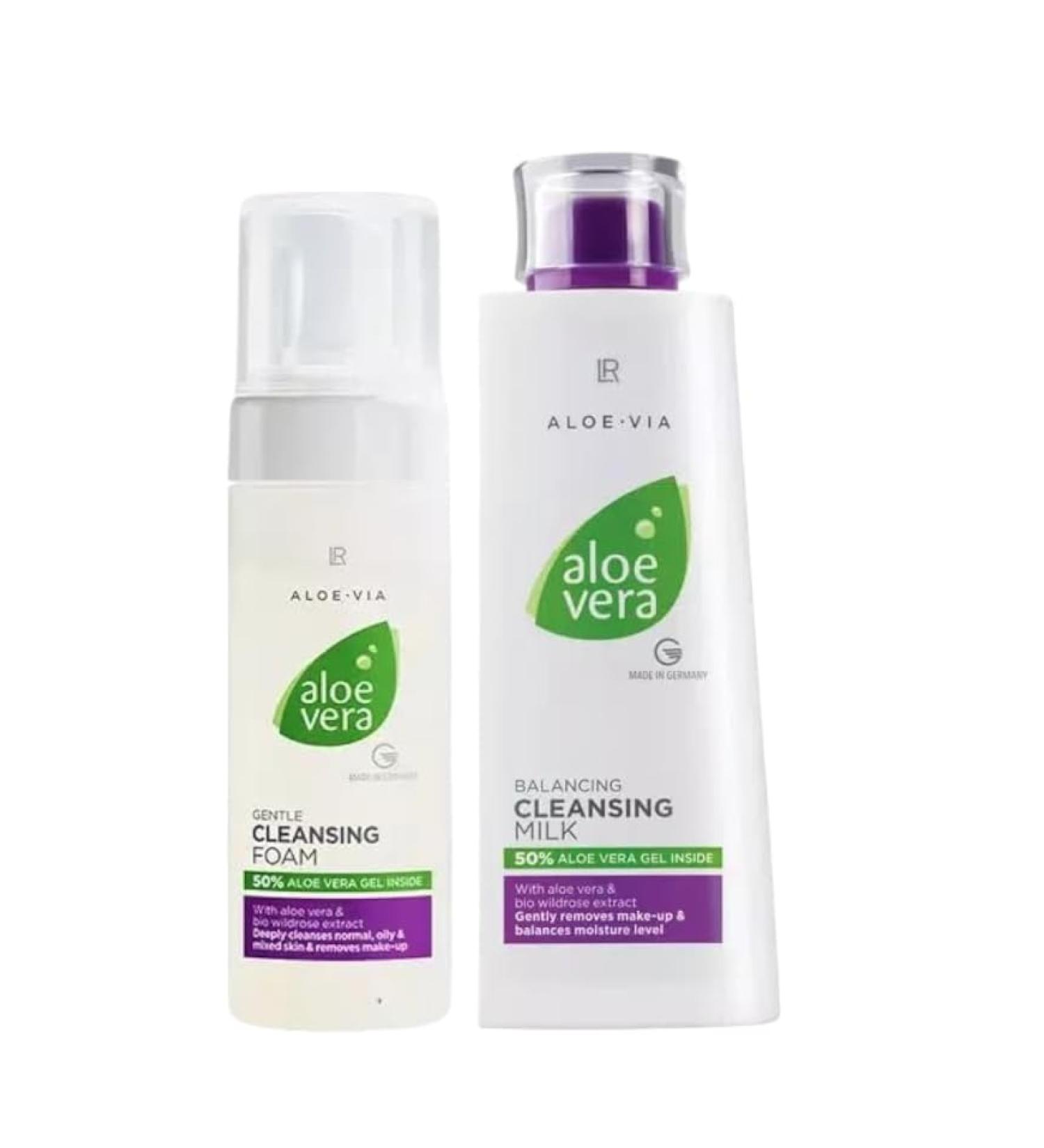 LR Health&Beauty Aloe-Via Aloe Vera Gentle Cleansing Foam and Balancing Milk Set of 2 for Face Day Care 150 ml./6.7 oz 200 ml./6.7 fl.oz. Best Gift Kit