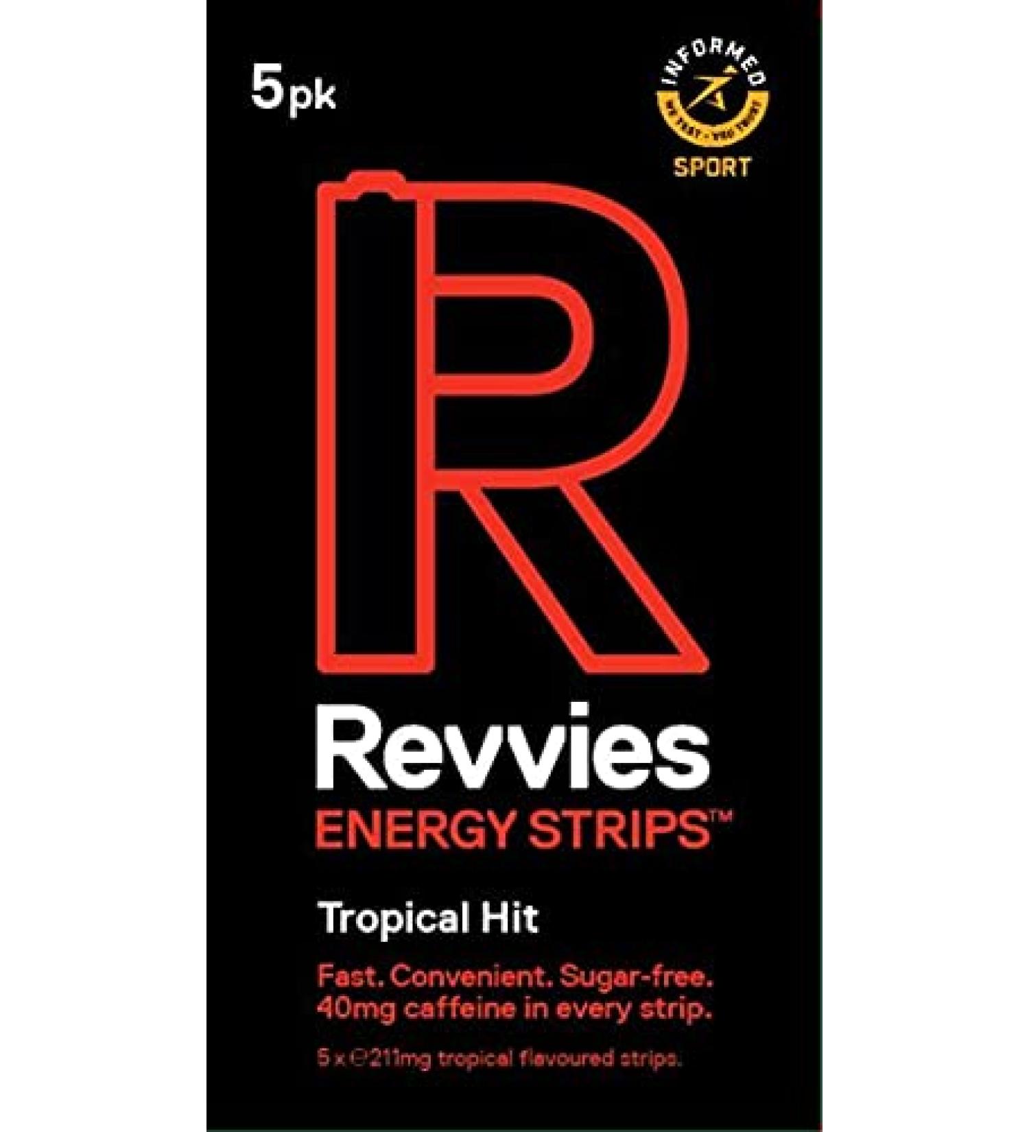 Revvies Energy Strips - Tropical Hit | 25 Strips | 40mg Caffeine | Low Calorie | Vegan - 5 x 5PK - Buy Online on GoSupps.com