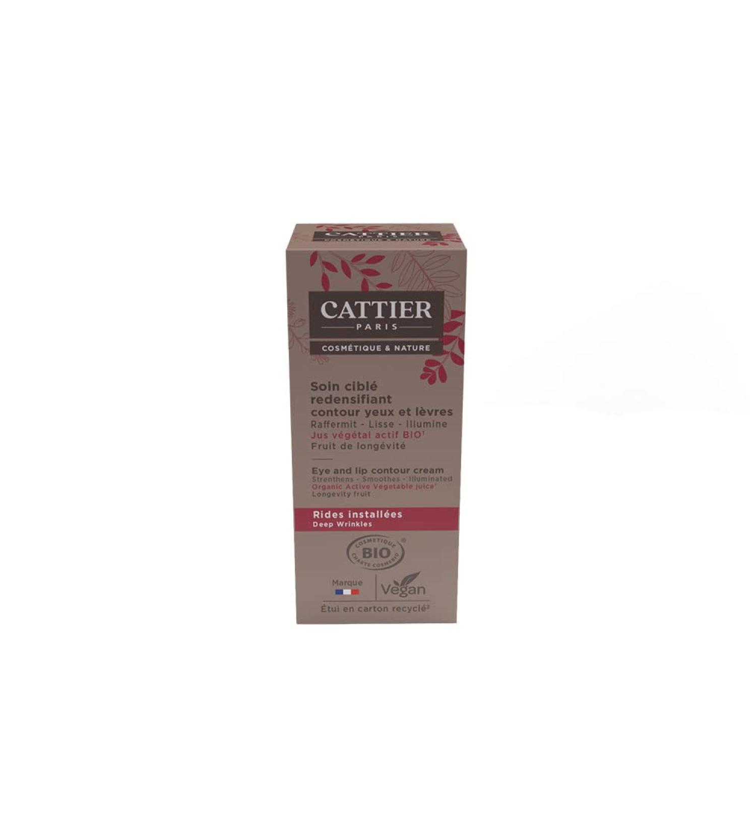 Cattier CONTORNO DE OJOS Y LABIOS is a light eye care especially for the delicate skin around the eyes It is gently patted in around the eyes with the fingertips The content is 15 ml This is how it works