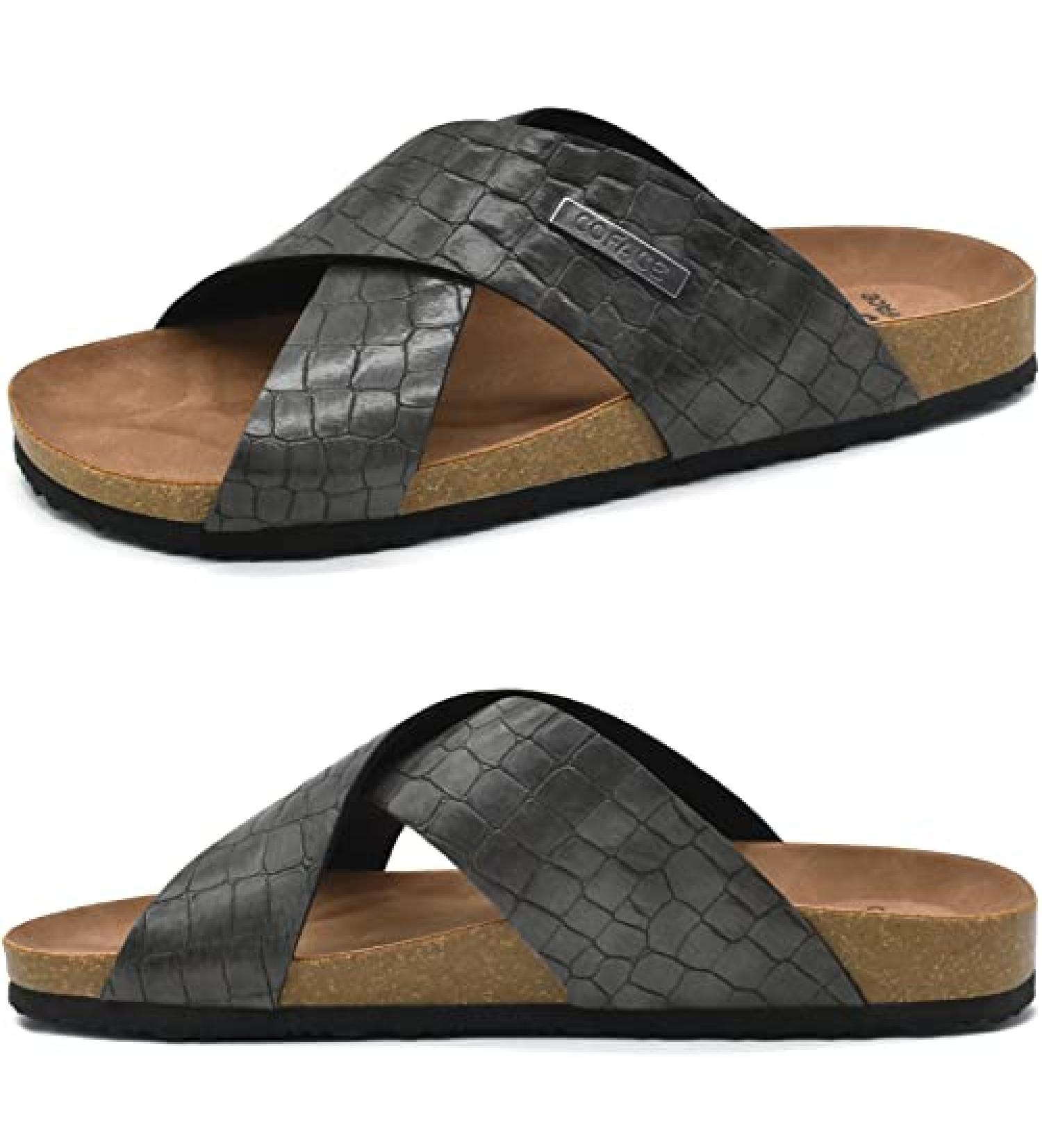 COFACE Men's Leather Flat Sandals - Fashion Cork Beach Slides with Arch Support in Grey - Size 7.5 - Buy Online on GoSupps.com