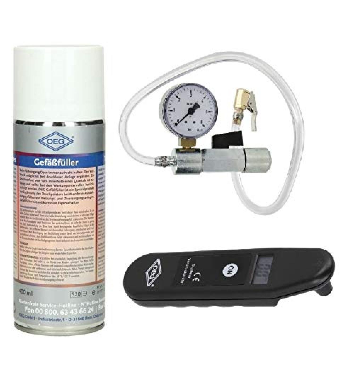 OEG vessel filler set including adapter with a manometer & proportion tester for expansion vessels (1x vessel filler including adapter & prevention tester)