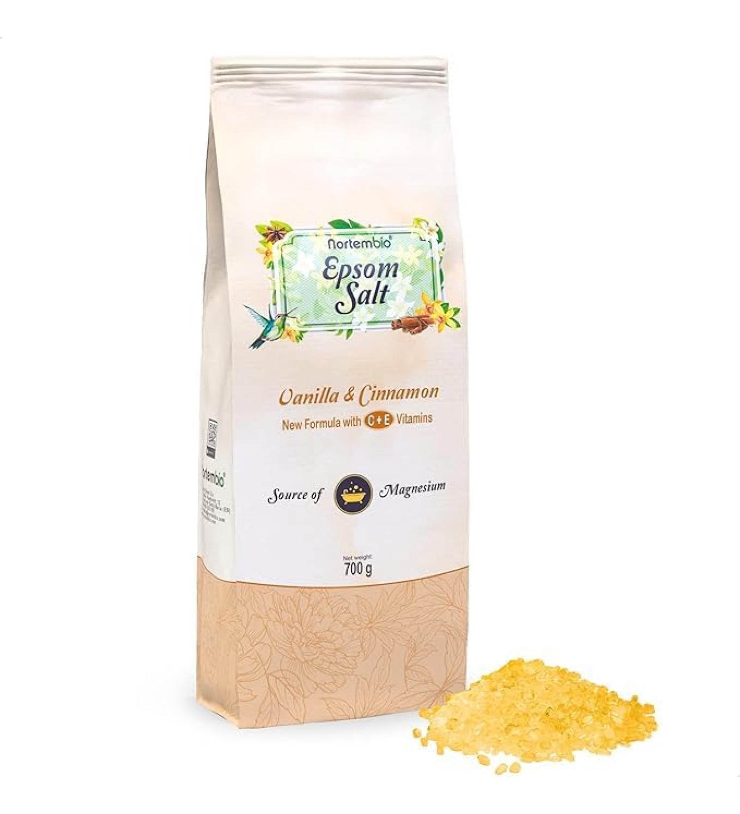 Nortembio Sels d Epsom 100% Parfum Vanille & Cannelle 700 g Source Naturelle de Magn sium | Avec Vitamines C et E Hydratantes | Pour Bains Relaxants Spa et Soin de la Peau + E-Book Gratuit Vanille et de Cannelle - Buy Online on GoSupps.com