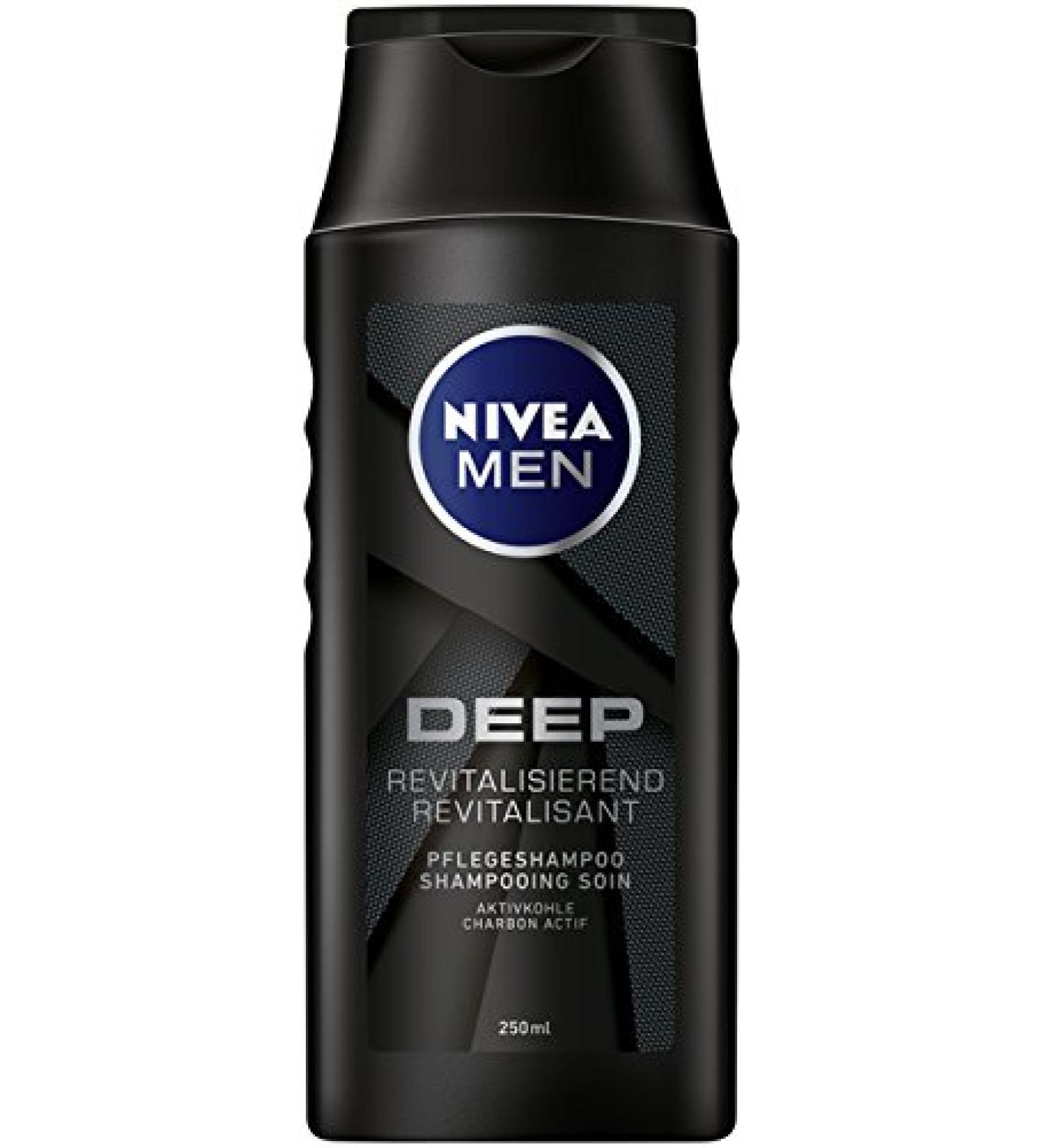 Nivea Men Deep Nourishing Shampoo 6 Pack (6 x 250 ml) Revitalizing Hair Shampoo with Activated Carbon for Daily Use Hair Care Removes Grease and Styling Residues