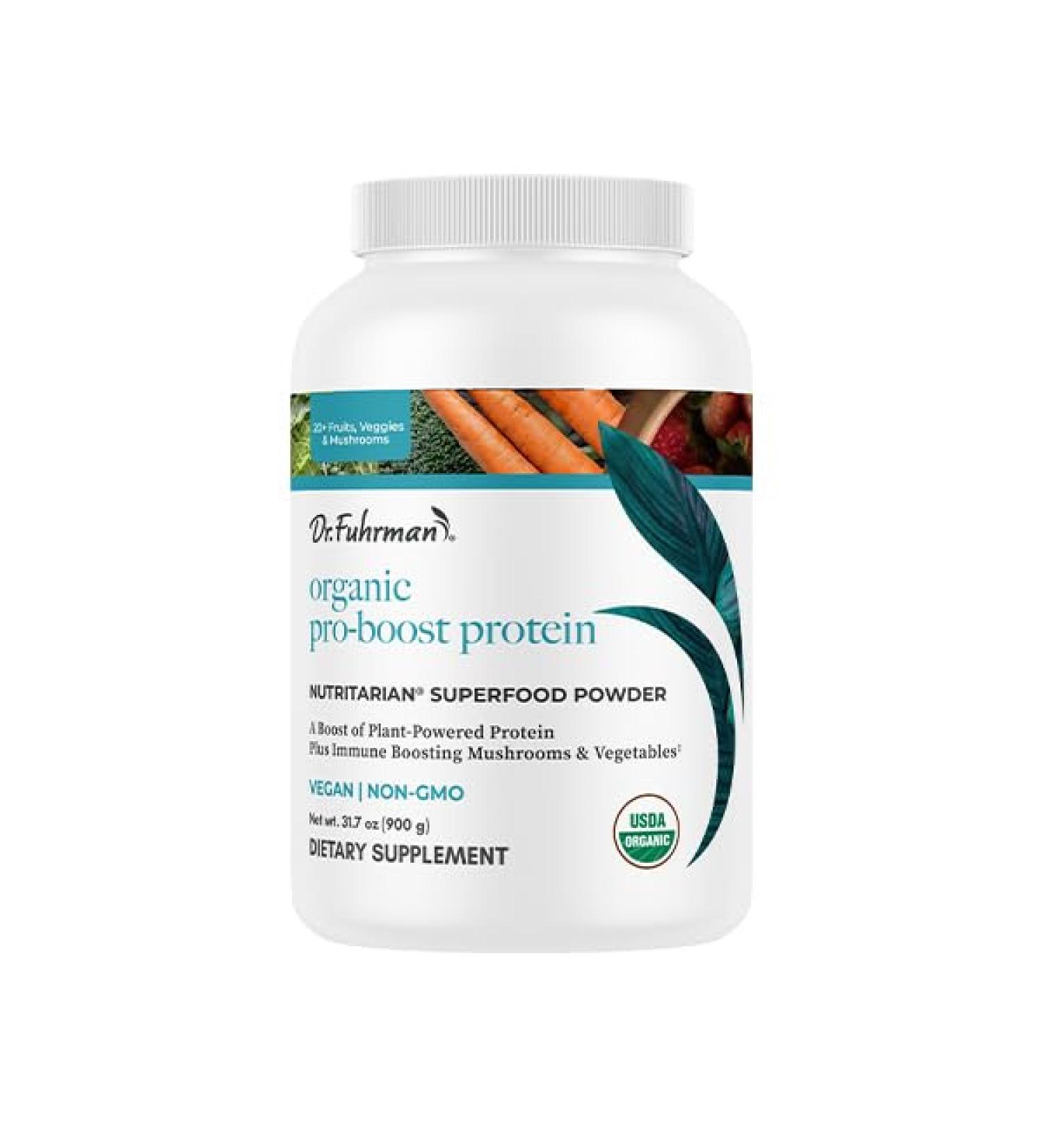 Dr. Fuhrman Pro-Boost Superfood Powder Certified Organic with Pea and Hemp Protein Flax and Chia Seeds 10 Mushroom Extracts Vanilla Flavor 60 Servings Vegan