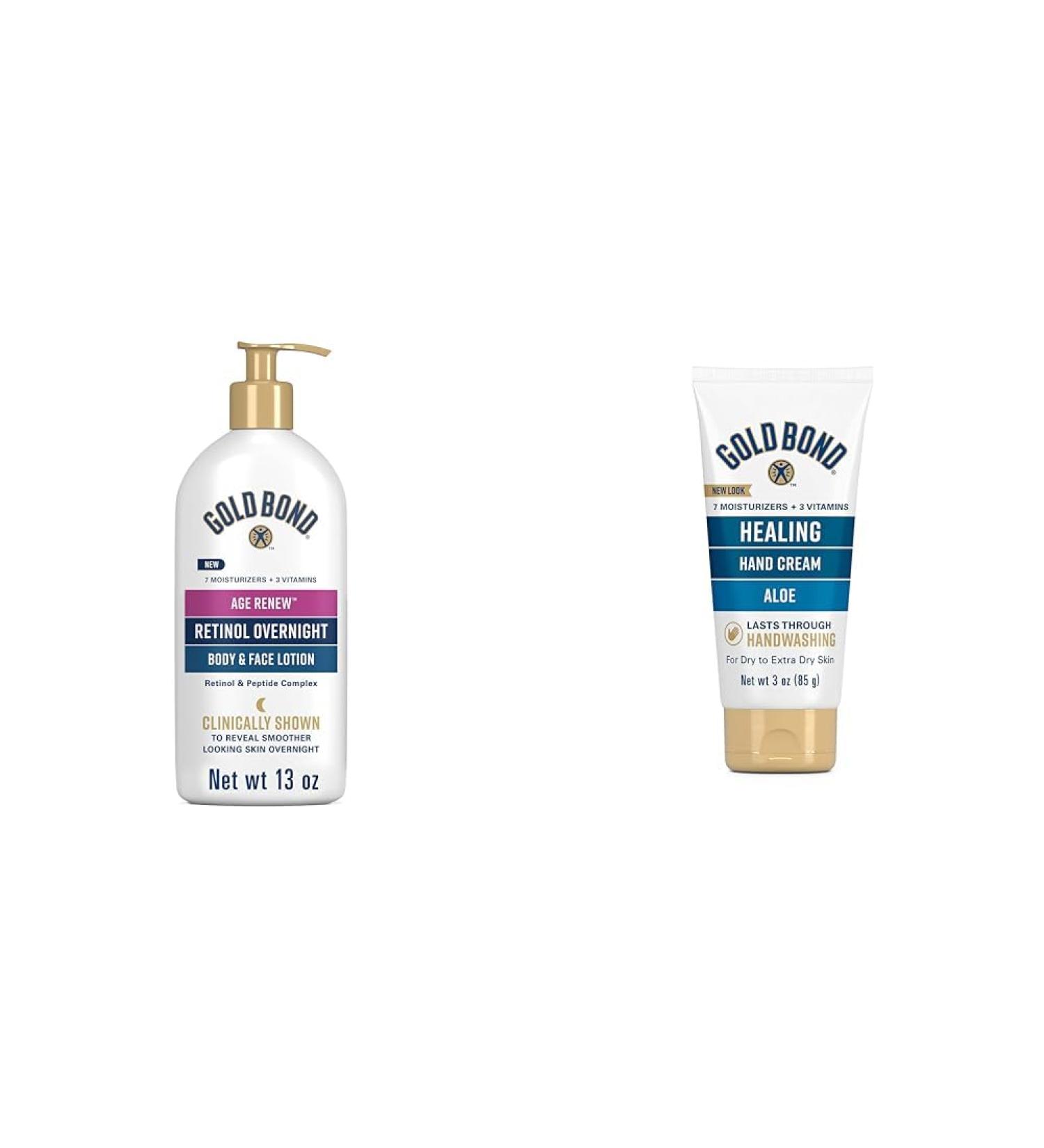 Gold Bond Age Renew Retinol Overnight Body & Face Lotion With Retinol & Peptide Complex 13 oz. & Healing Hand Cream 3 oz. With Aloe Moisture That Lasts Through Handwashing 13 Fl Oz (Pack of 1) Lotion + Healing Hand Cre  - Buy Online on GoSupps.com
