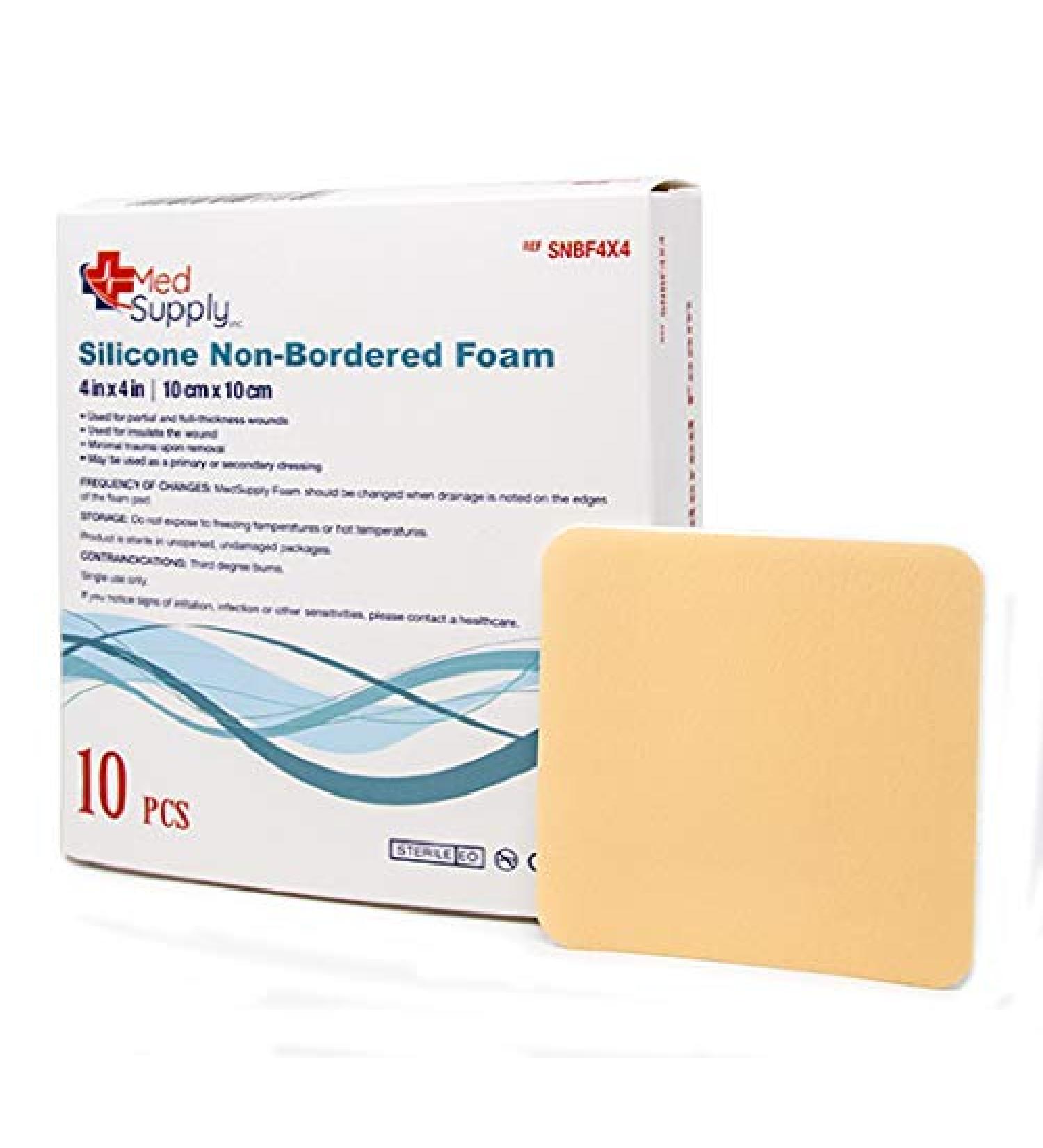 Medical Grade Premium MedSupply Silicone Non-Bordered Foam Dressing. (4'' x 4'') Box of 10
