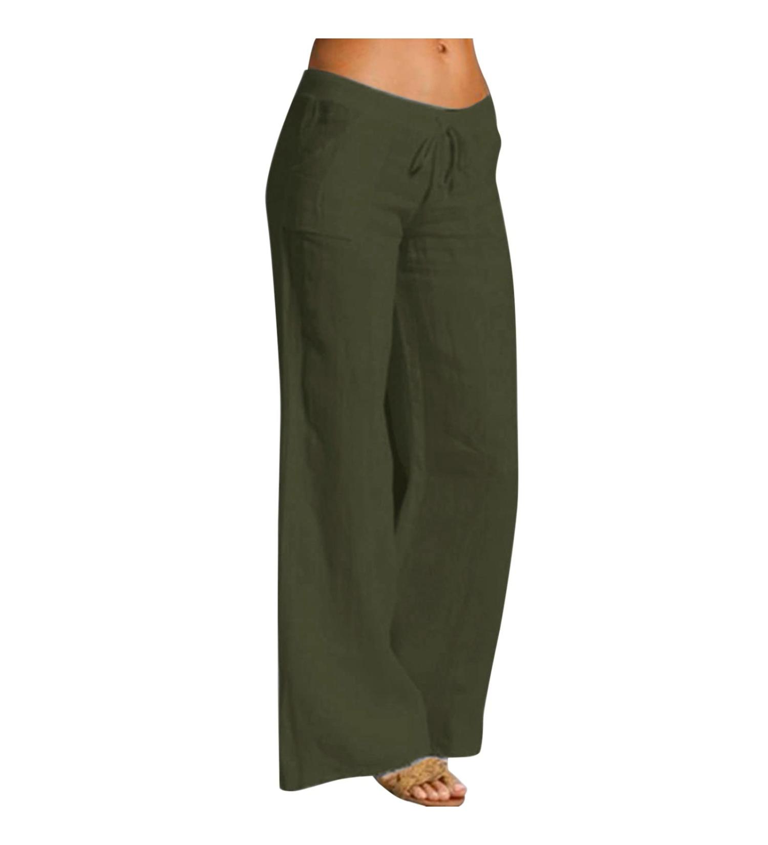 Dazlor Linen Pants for Women | High Waist Drawstring Beach Pants | Casual Summer Wide Leg Trousers in Green | Petite to Plus Size | X-Large - Buy Online on GoSupps.com