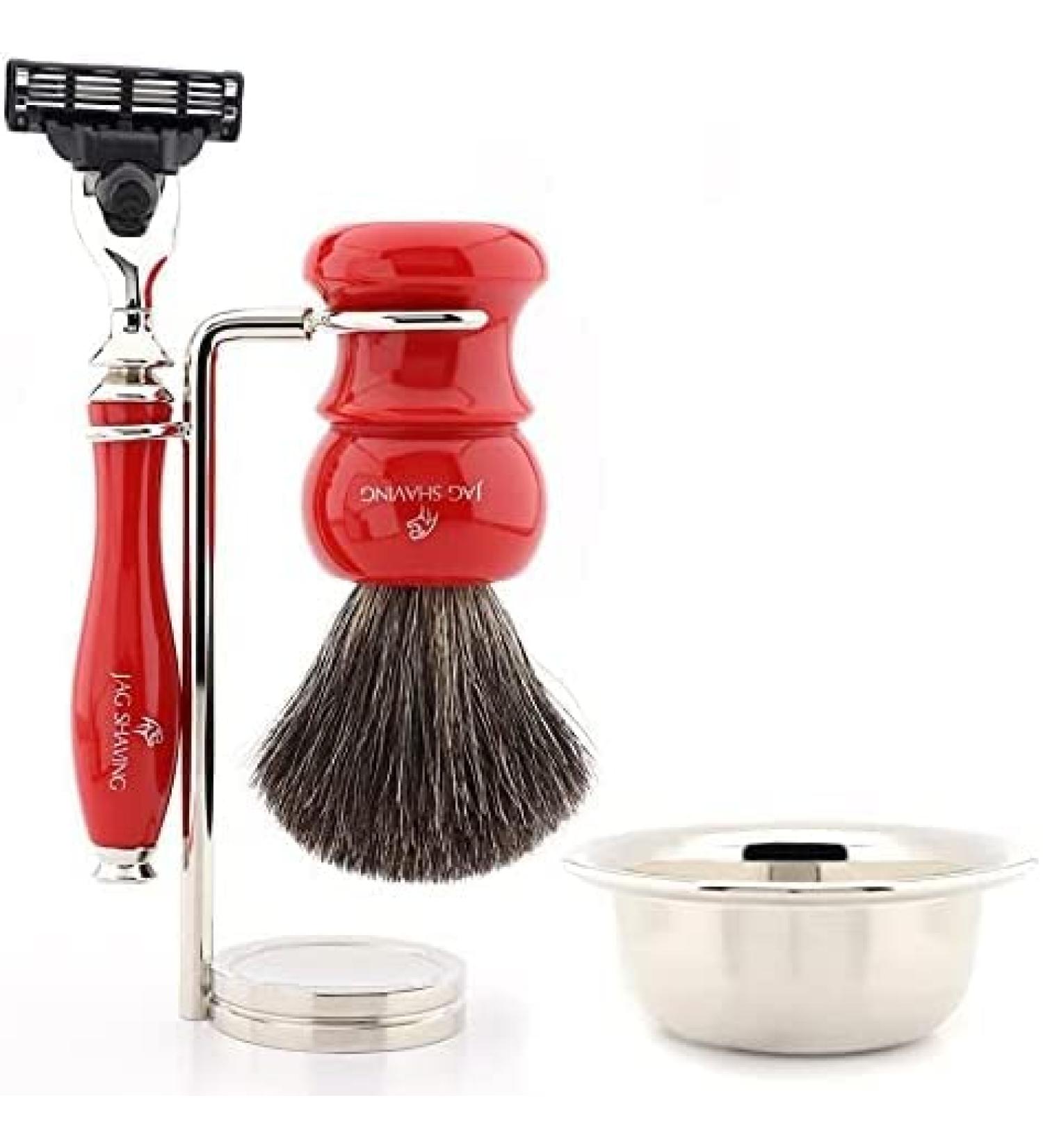 Shaving set with 3-edge razor and badger hair brush shaving bowl shaving stand in red color