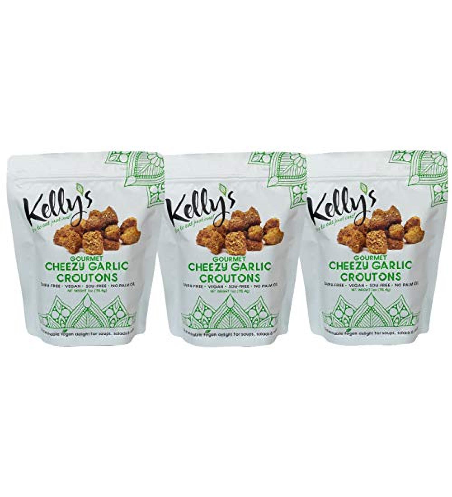 Kelly's Croutons Gourmet Cheezy Garlic 3-Pack 7oz - Vegan, Dairy-Free, Soy-Free - No Palm Oil - Buy Online on GoSupps.com