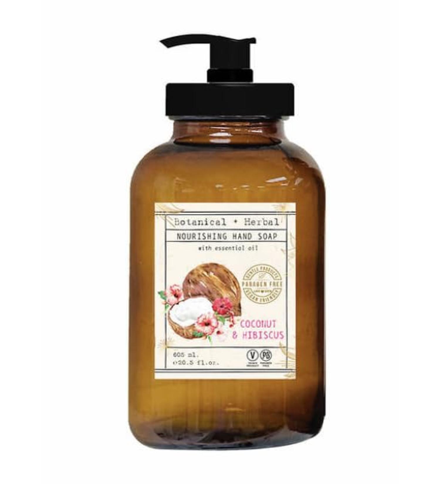 Home and Body Company Botanical + Herbal Hand Soap 22FL/605ml Infused with Essential Oils Made in a Amber GLASS BOTTLE (Coconut Hibiscus)
