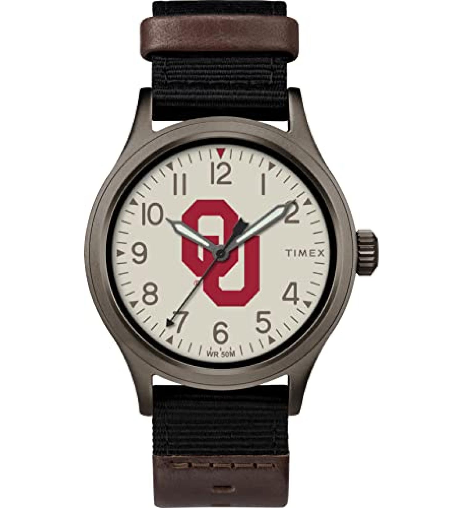 Timex Men's Collegiate Clutch 40mm Watch  Alabama Crimson Tide with Black Fabric & Brown Leather Strap Oklahoma Sooners