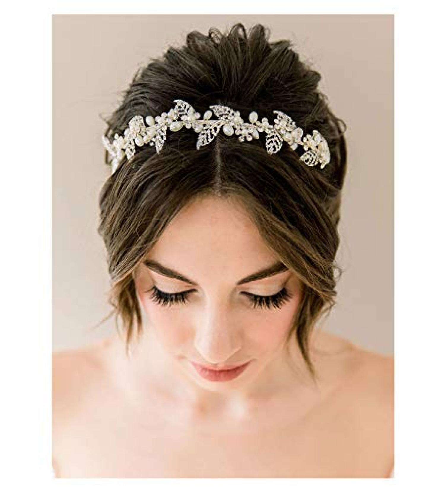 SWEETV Pearl Bridal Headband - Silver Crystal Leaf Tiara for Women | Wedding Hair Accessories - Buy Online on GoSupps.com