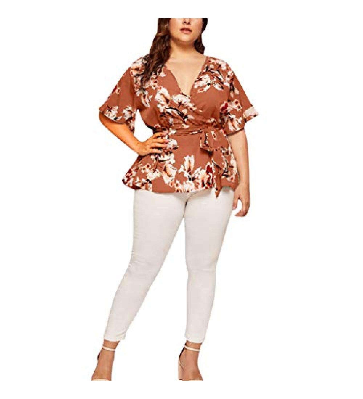 Women's Plus Size Pink V-Neck Wrap Blouse with Waist Belt - Casual Short Sleeve Tee for Large Sizes - Buy Online on GoSupps.com