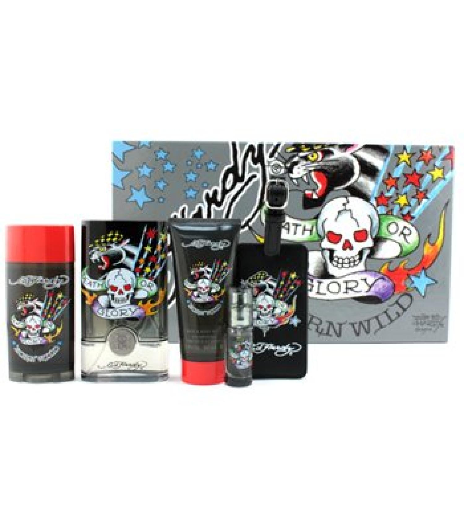 Christian Audigier ED Hardy Born Wild Coffret: Edt Spray 100ml/3.4oz + Hair & Body Wash 90ml/3oz + Deodorant 78g//2.75oz + Edt Spray 7.5ml/0.25oz + Luggage Tag - 5pcs