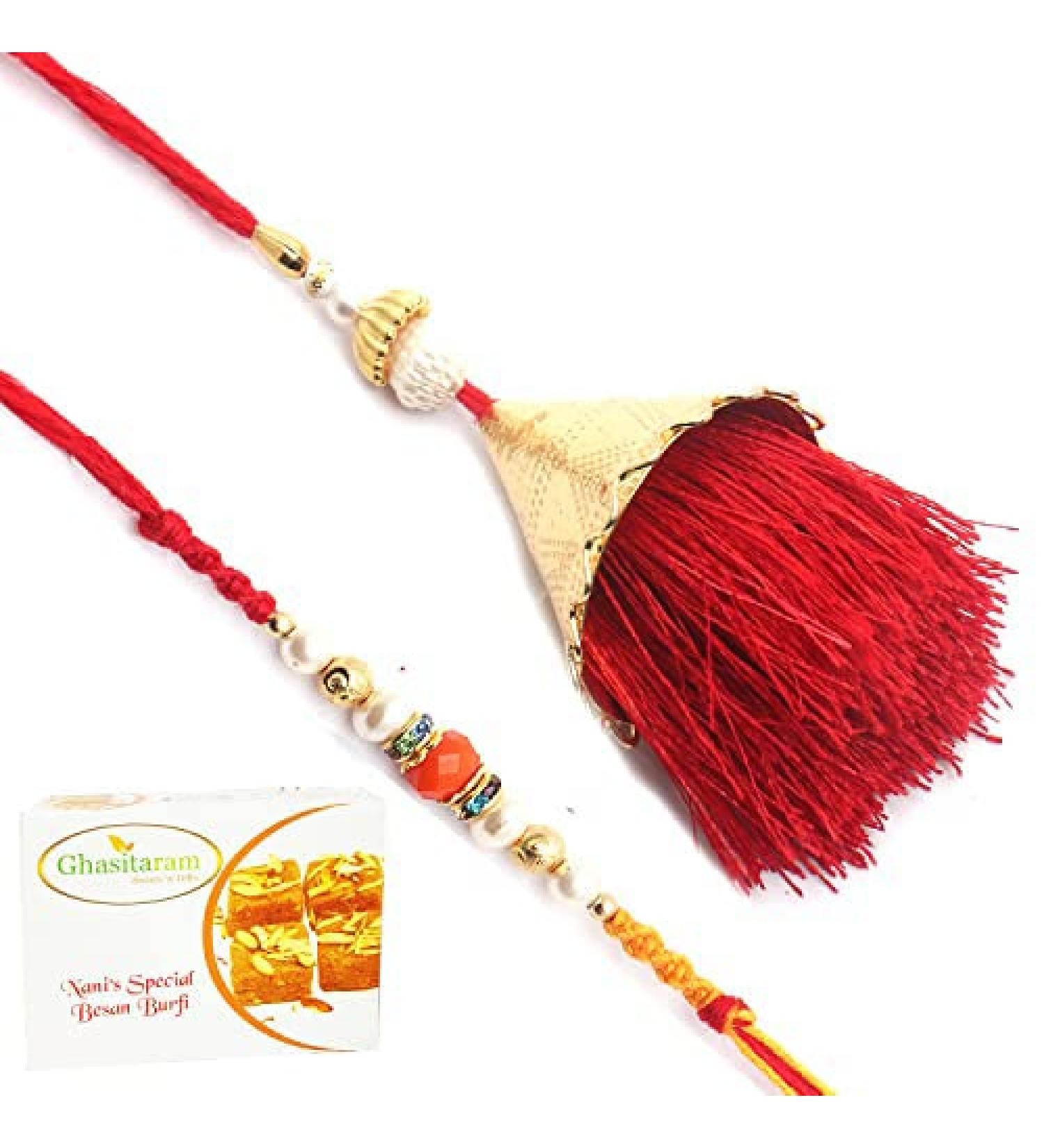 Ghasitaram Gifts Rakhis Online - Rakhi for Brother- Bong of Blessings Bhaiya Bhabhi Rakhi with 200 GMS of Besan Barfi Rakhi Set with 200 gms of Besan Barfi - Buy Online on GoSupps.com