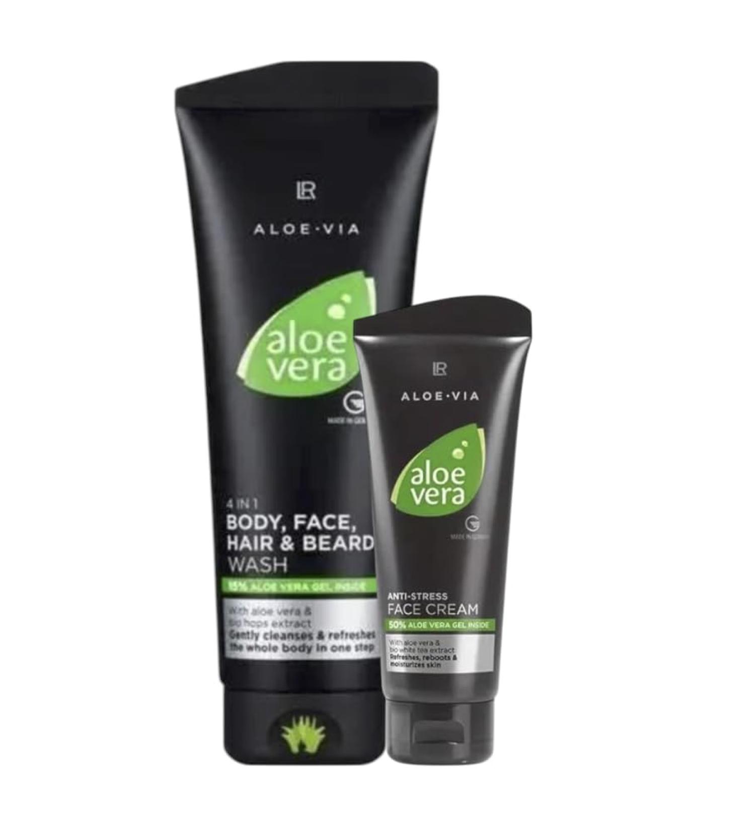 LR Health & Beauty Aloe Via Aloe Vera Men s 4in1 Cleansing Shampoo Anti-Stress Face Care Cream Set of 2 Daily Aloe Vera Body WashMoisturizing Face Cream 250 ml./8.7 fl.oz. 100 ml./3.3 fl.oz SET 1