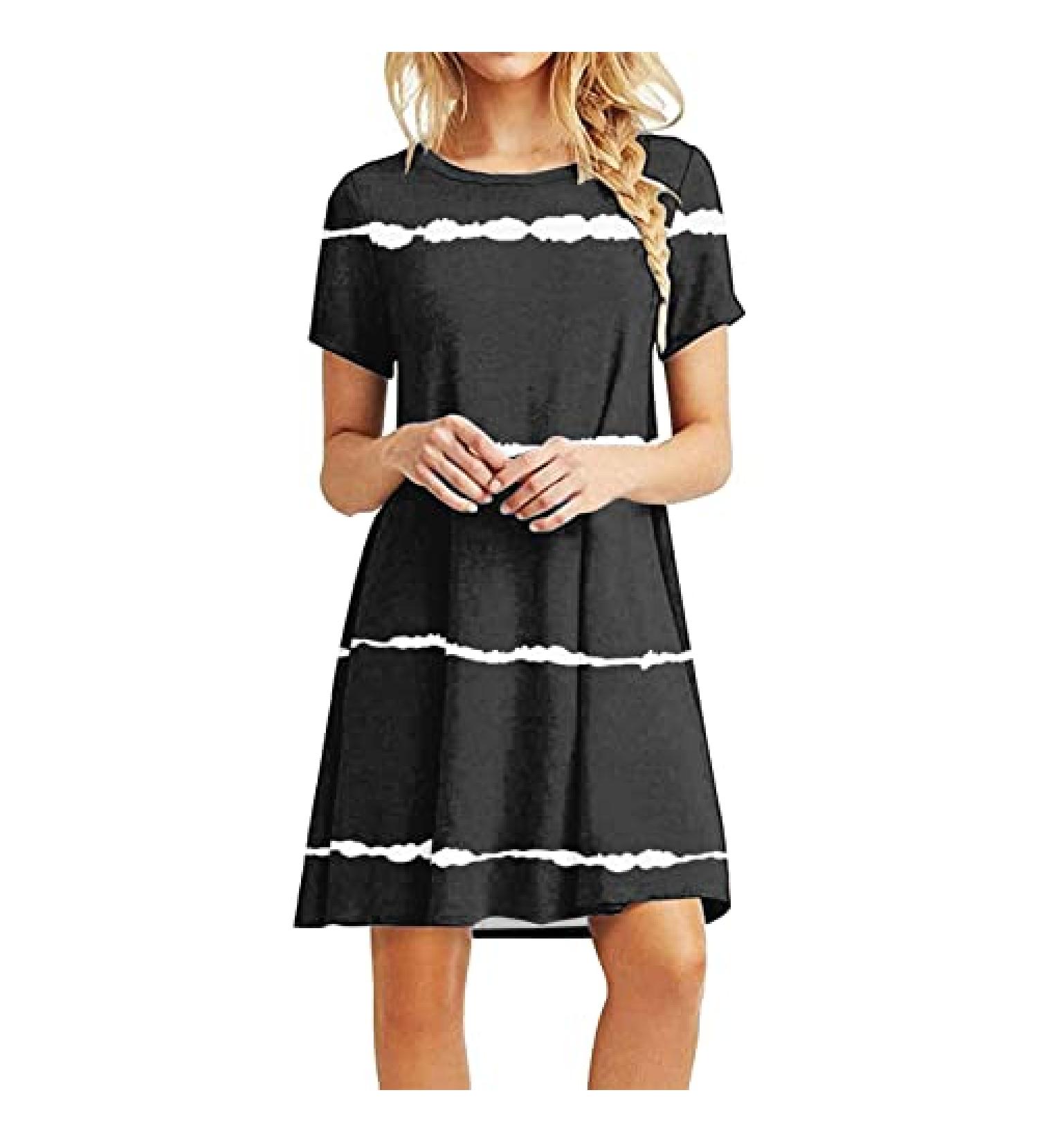 Gufesf Women's Summer Casual Tshirt Dress V Neck Short Sleeve Loose Fit Graphic Mini Dress - Black, Small - Buy Online on GoSupps.com