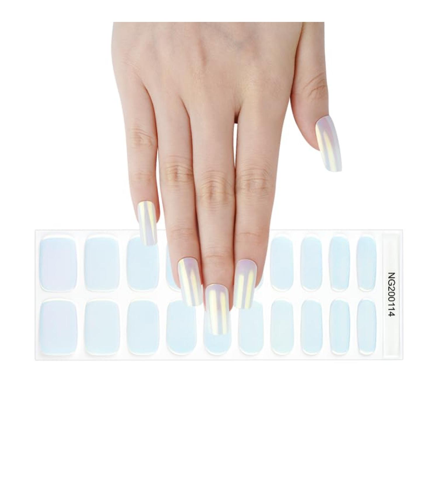 Semi Cured Gel Nails Strips 20 Stickers Nail Wraps Soft Self-Adhesive Gel Nail Stickers Salon-Quality Gel Nail Strips for Nails French Tip Manicure UV/LED Lamp Required (Aurora-114)