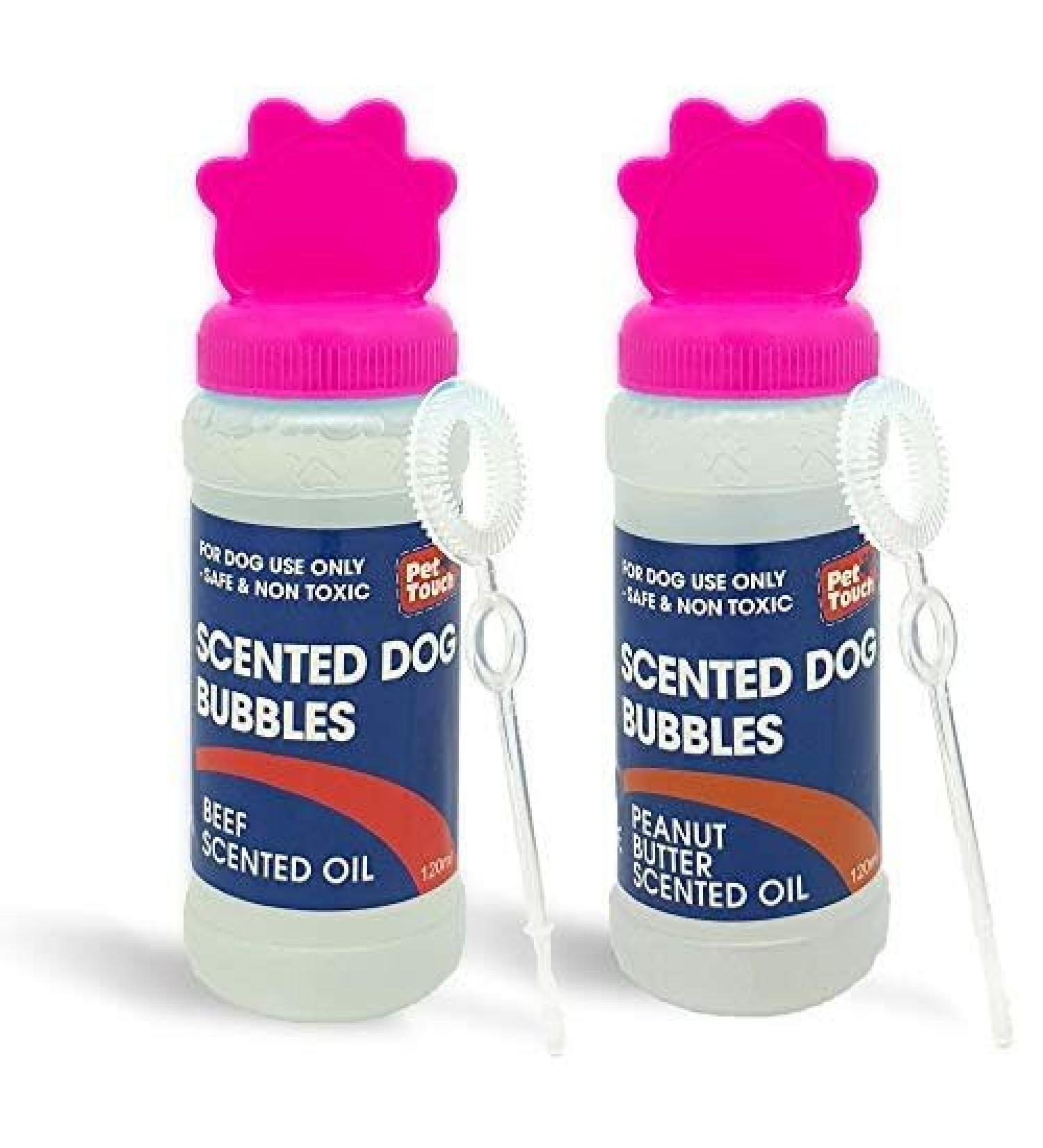 2 X 120 ml Blowing Bubbles for Dogs that contains SCENTED in BEEF and PEANUT BUTTER for Pet Interactive Play (BEEF + PEANUT BUTTER 2 X Pink (1 Beef + 1 Peanut Butter))