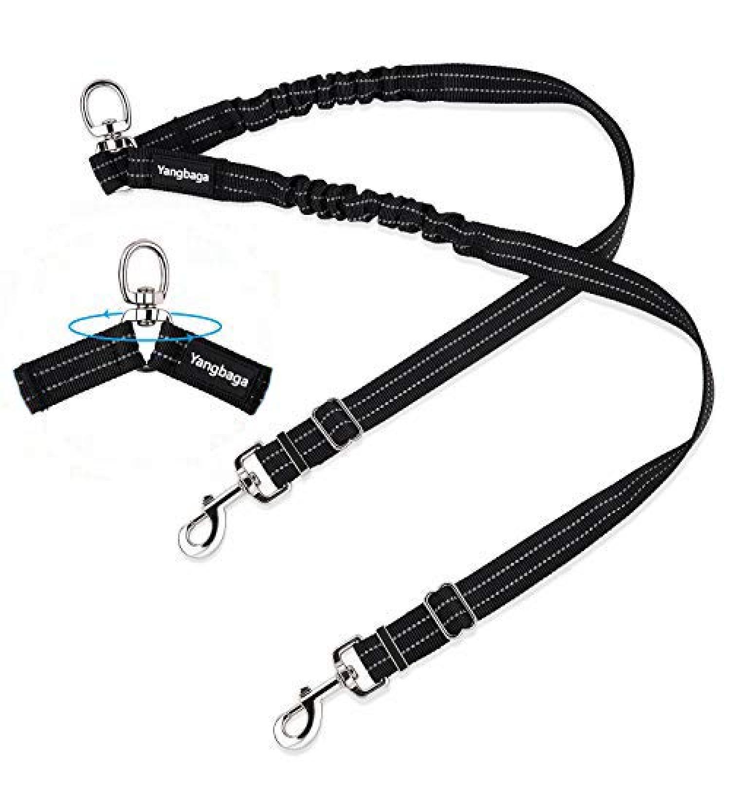Yangbaga Adjustable 360 Rotatable Dog Leash for 2 Dogs - Reflective Elastic for Jogging - Suitable for Small Medium & Large Breeds - Large Black - Buy Online on GoSupps.com
