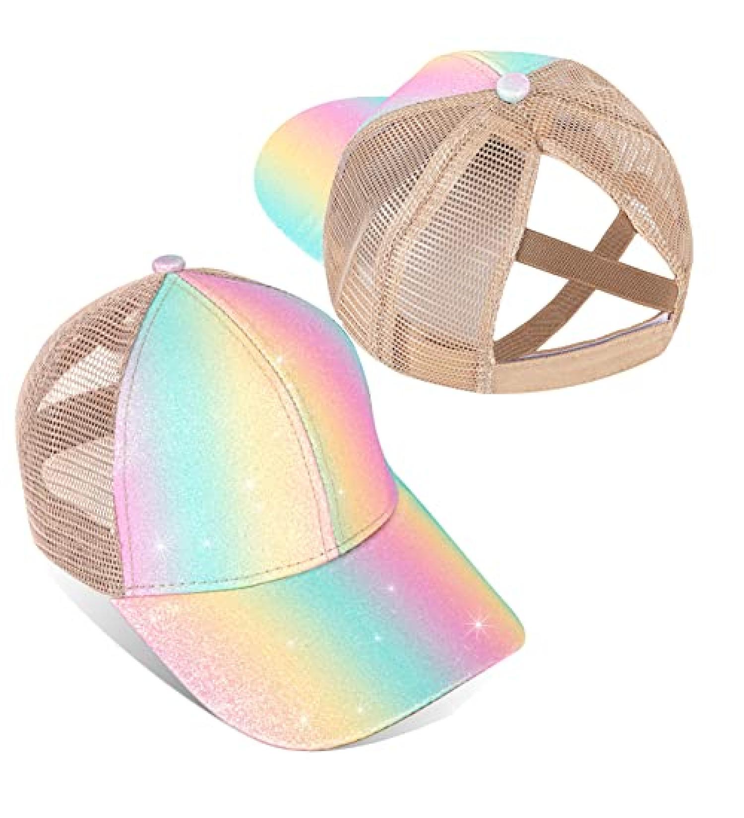 Girls Glitter Baseball Cap - High Ponytail Criss Cross Hat for Kids (Ages 5-15) - Multicolor Shiny Design - Buy Online on GoSupps.com