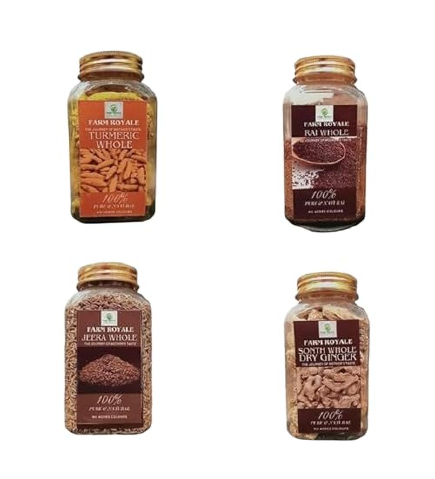 Farm Royale Spice Combo ||Turmeric Whole Rai Whole Jeera Whole Sonth Whole Dry Ginger||(200gm 200gm 200gm 150gm)||100% Pure and Natural||Export Quality||Hand picked materrial - Buy Online on GoSupps.com