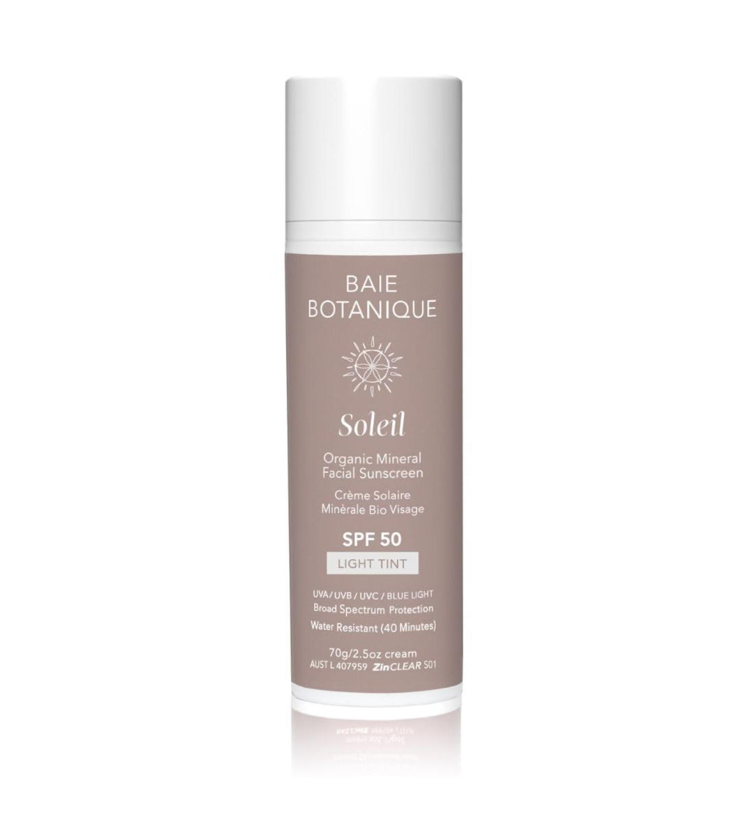 Baie Botanique Soleil Organic Facial Sunscreen SPF 50 - Chemical-Free Vegan Non-Toxic UV Protection with Hyaluronic Acid & Vitamin C - No White Cast - 70g - Buy Online on GoSupps.com
