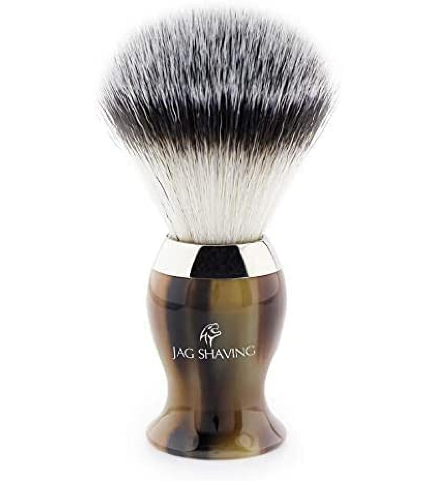 Classic men's shaving brush made of synthetic hair with silver tip and resin handle