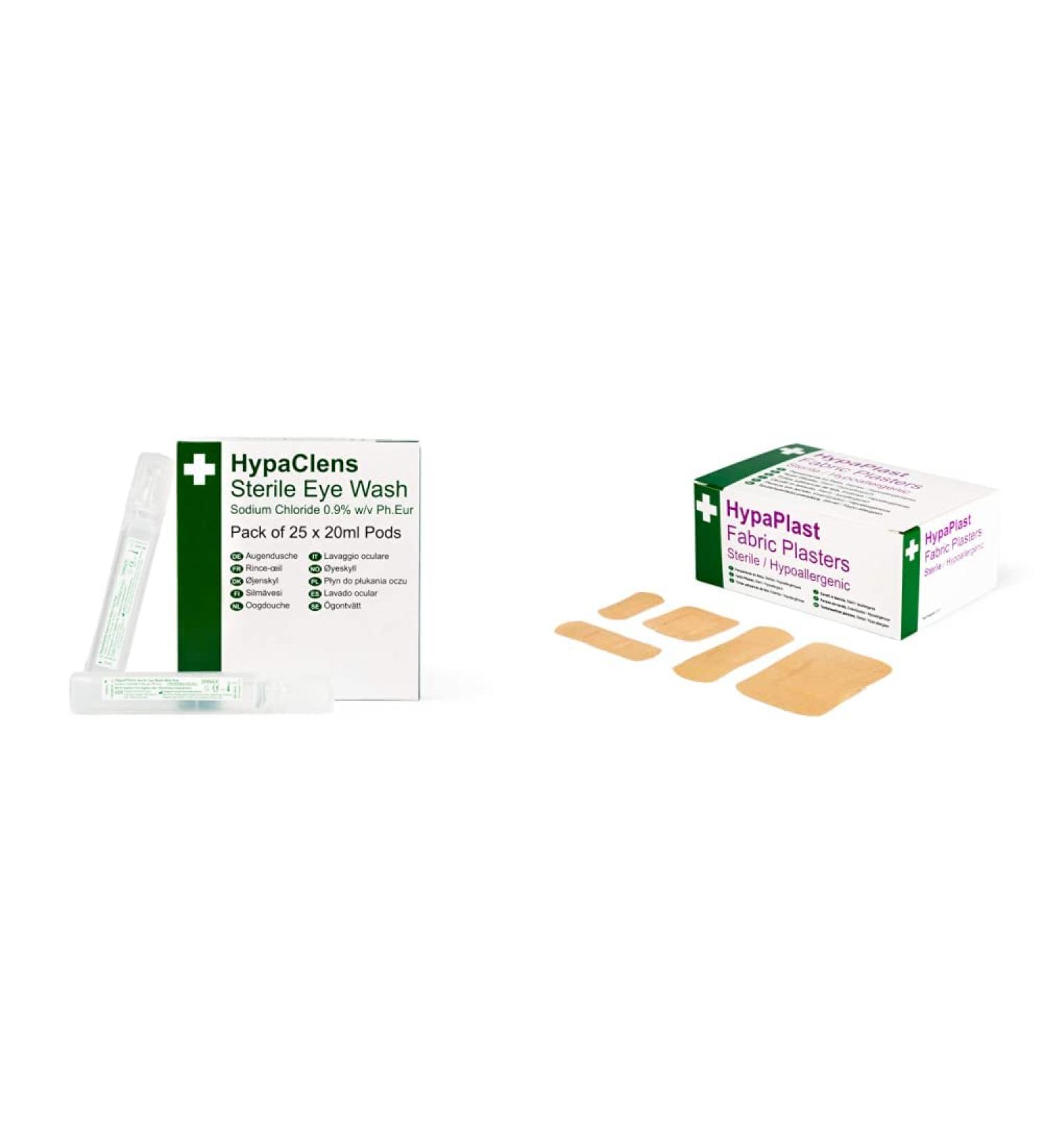 HypaClens Saline Eye Wash Pods (Pack of 25) & HypaPlast Fabric Plasters Assorted (100) Sterile Hypoallergenic One Size + Fabric Plasters Single - Buy Online on GoSupps.com