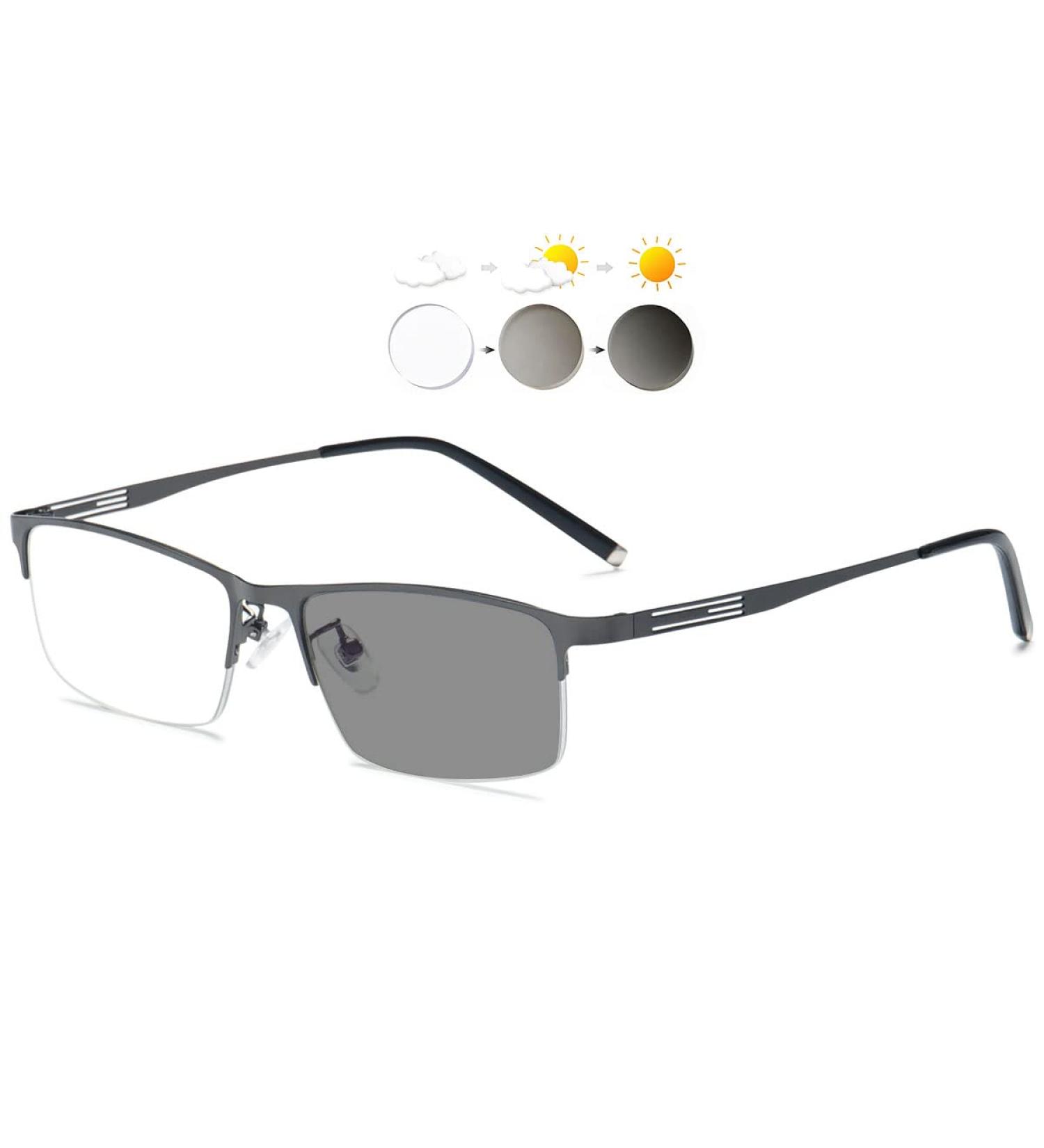 Koosufa Self-Tinting Reading Glasses | Photochrome Rectangular Metal Frame for Men & Women | UV Protection Sun Reading Glasses | Available in 0 1.0 1.5 2.5 3.0 3.5 Dark Gray 1.5x - Buy Online on GoSupps.com