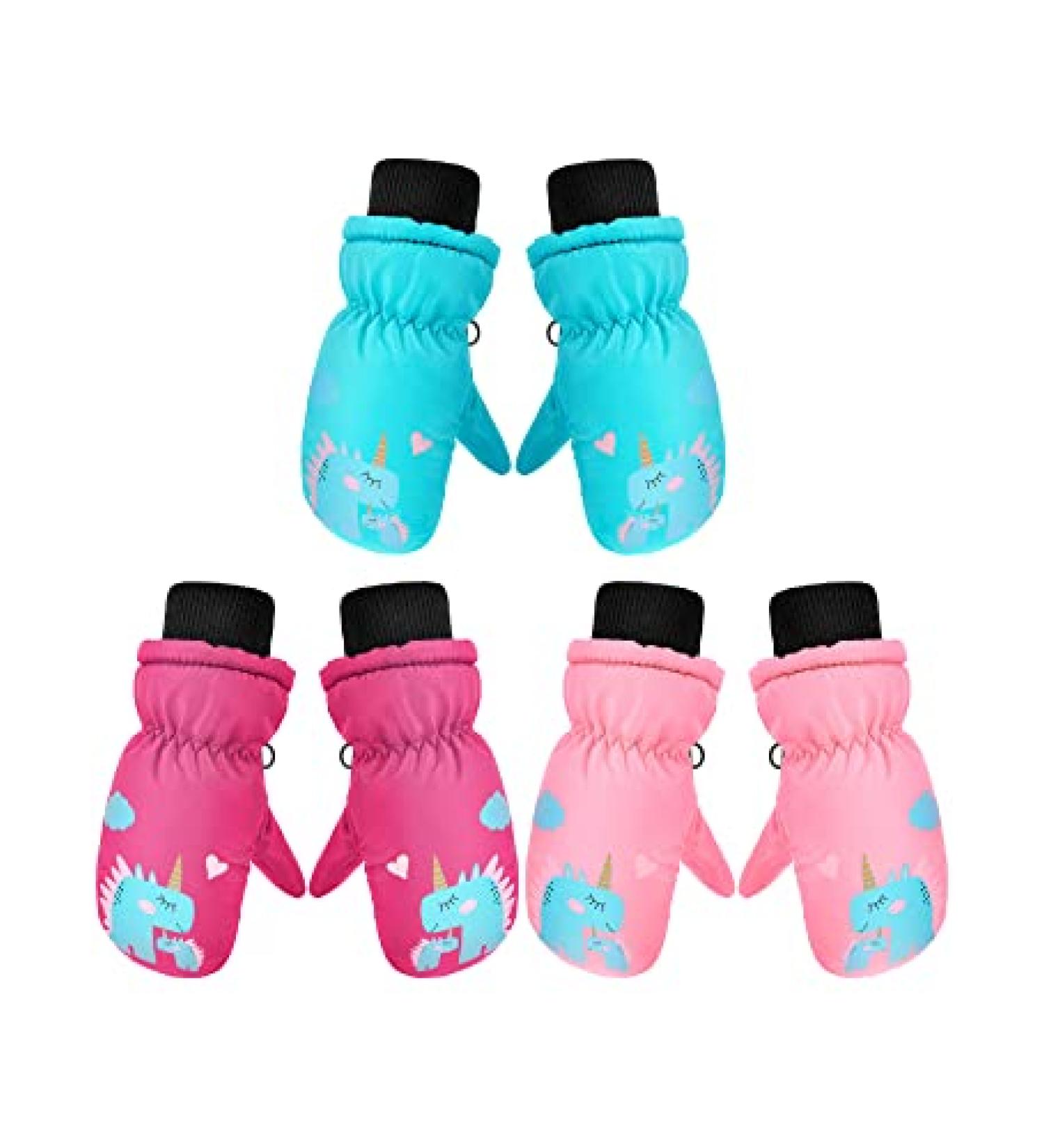 3 Pairs Waterproof Warm Lined Snow Mittens for Kids Toddler Boys Girls - Pink, Light Blue, Rose Red - 3-6 Years - Buy Online on GoSupps.com