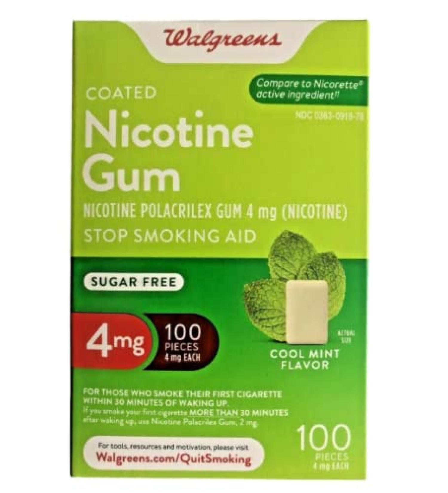 Walgreens Coated Nicotine Polacrilex Gum 4 mg Cool Mint 100 ea