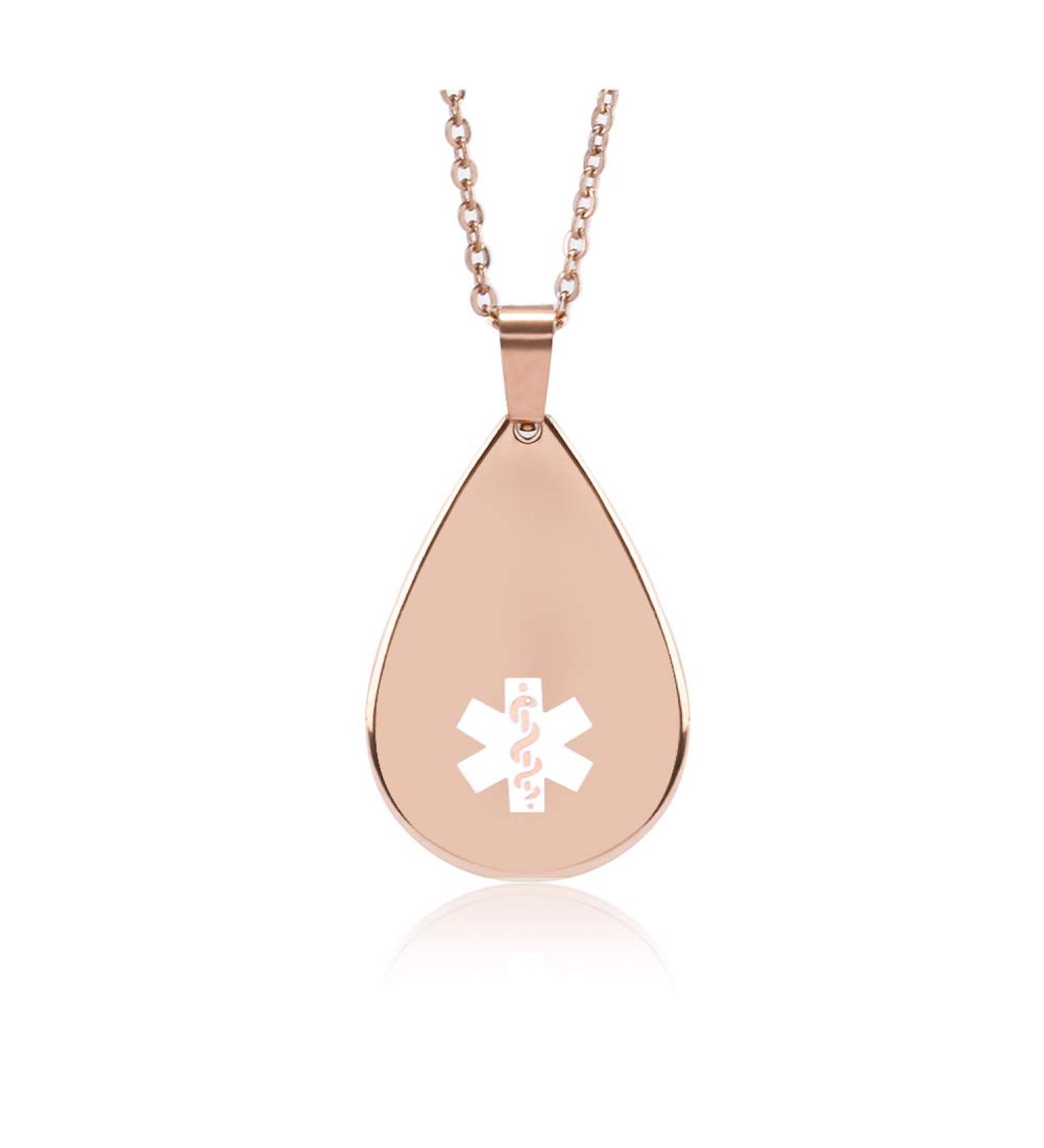 Rose Gold Teardrop Pendant Medical Alert Necklace for Women - Free Engraving - Buy Online on GoSupps.com