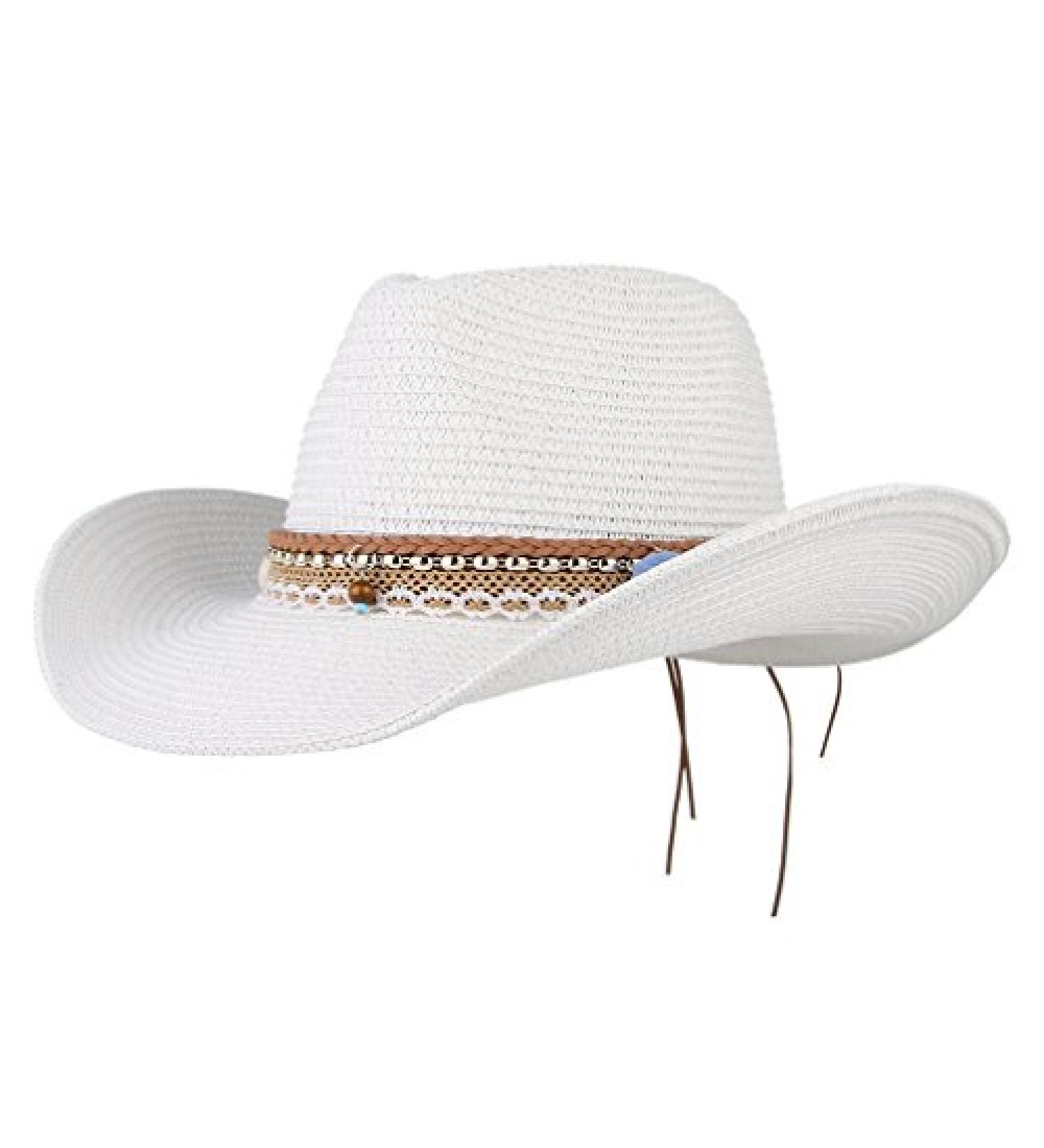 GEMVIE Cowboy Cowgirl Straw Wide Brim Sun Hat Fedora Beach Cap - White - Buy Online on GoSupps.com