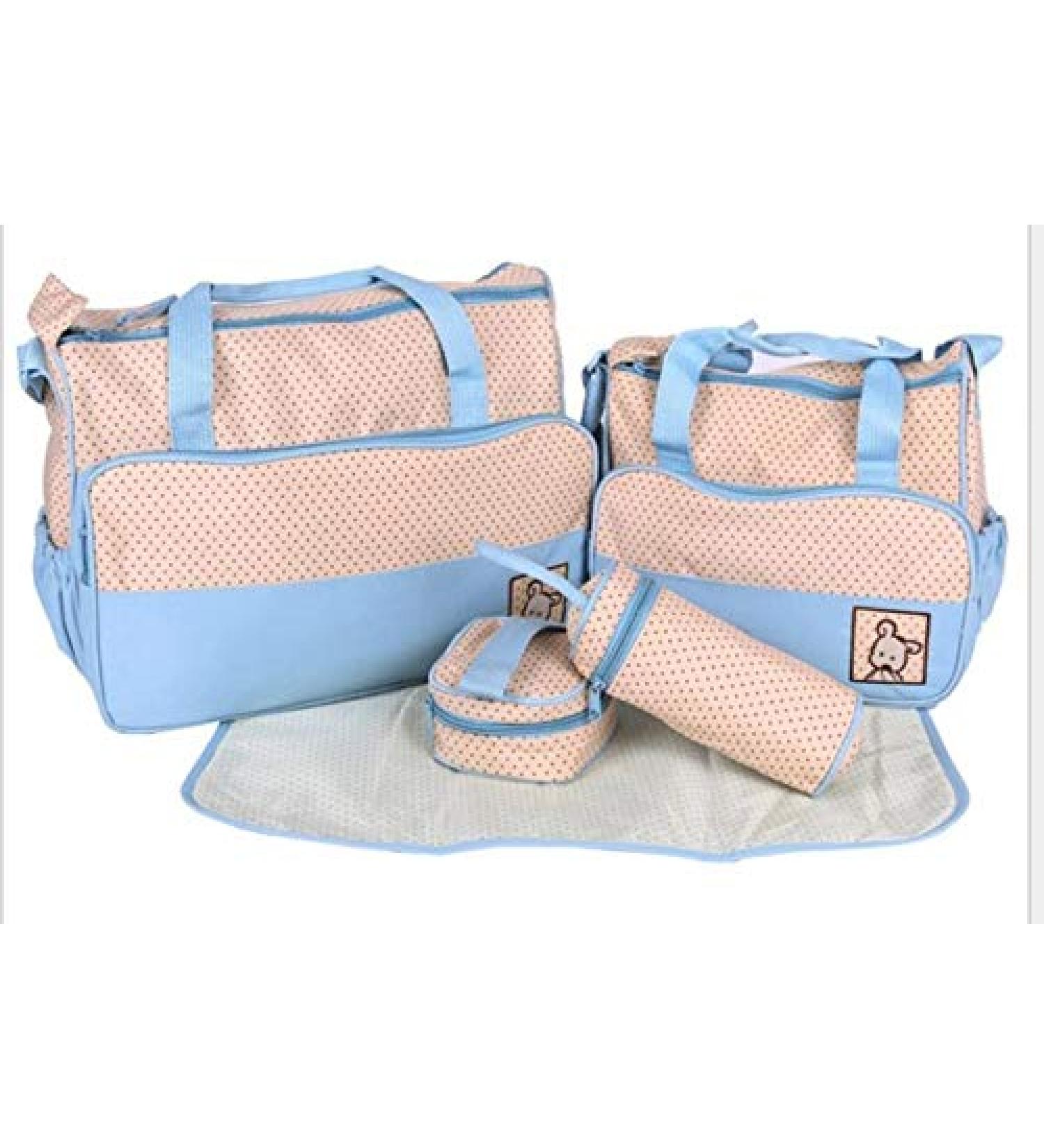 Multi-function 5-Piece Mummy Baby Diaper Nappy Changing Tote Shoulder Handbag Messenger Bag Light Weight with Bottle Bag Changing Mat Zipper Diaper Bag and Changing Mat Light Blue