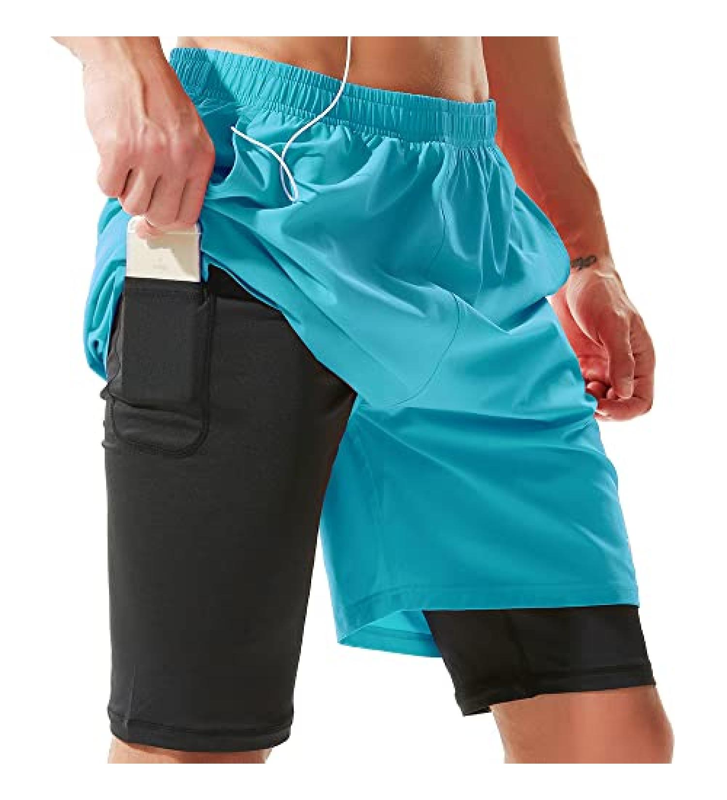 TENJOY Men's 2 in 1 Running Shorts - Quick Dry Athletic Workout Shorts with Phone Pockets (Light Blue, Large) - Buy Online on GoSupps.com
