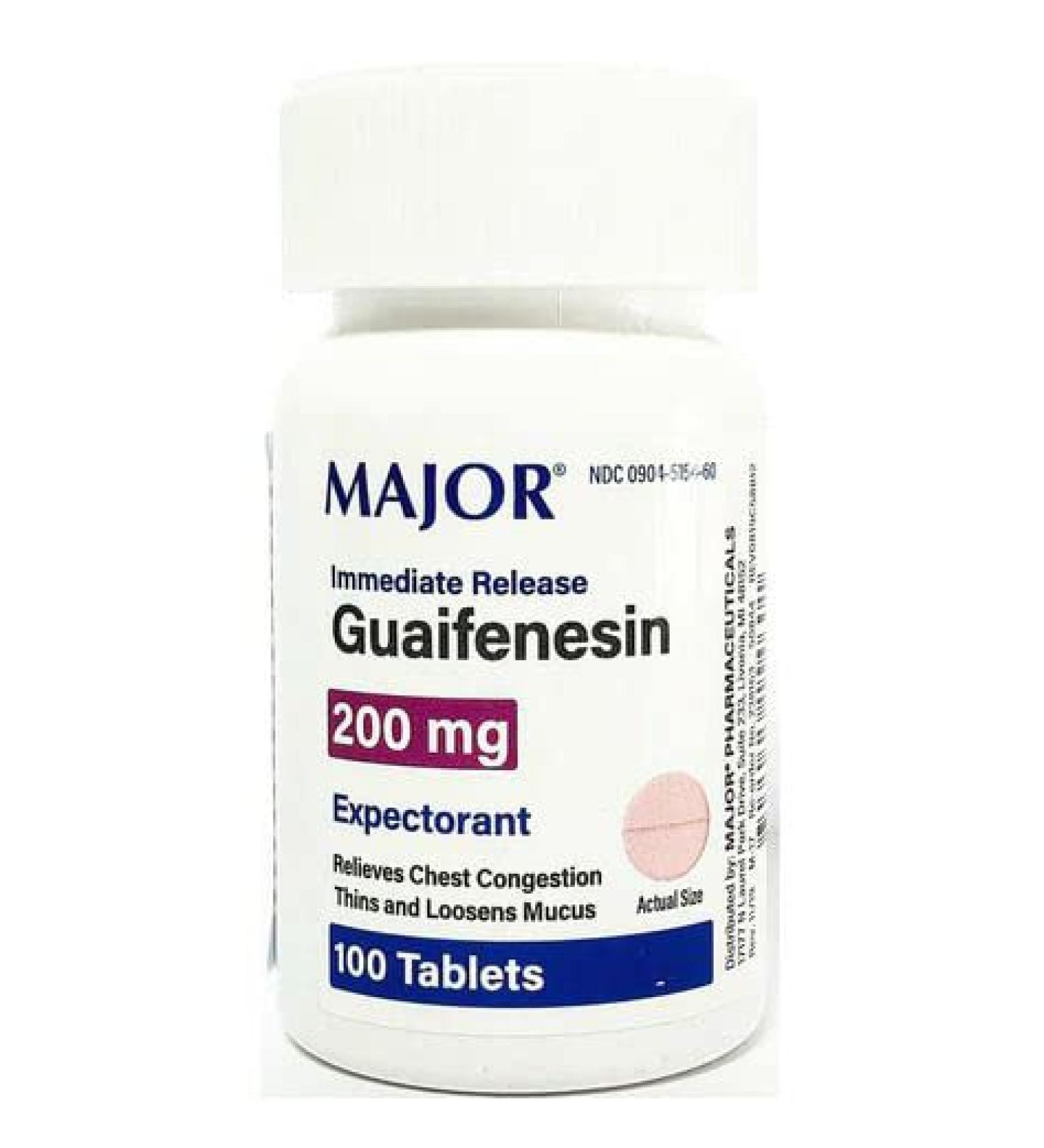 Major Pharmaceuticals Guaifenesin 200mg Expectorant Round Dark Pink Tablets 100 Count