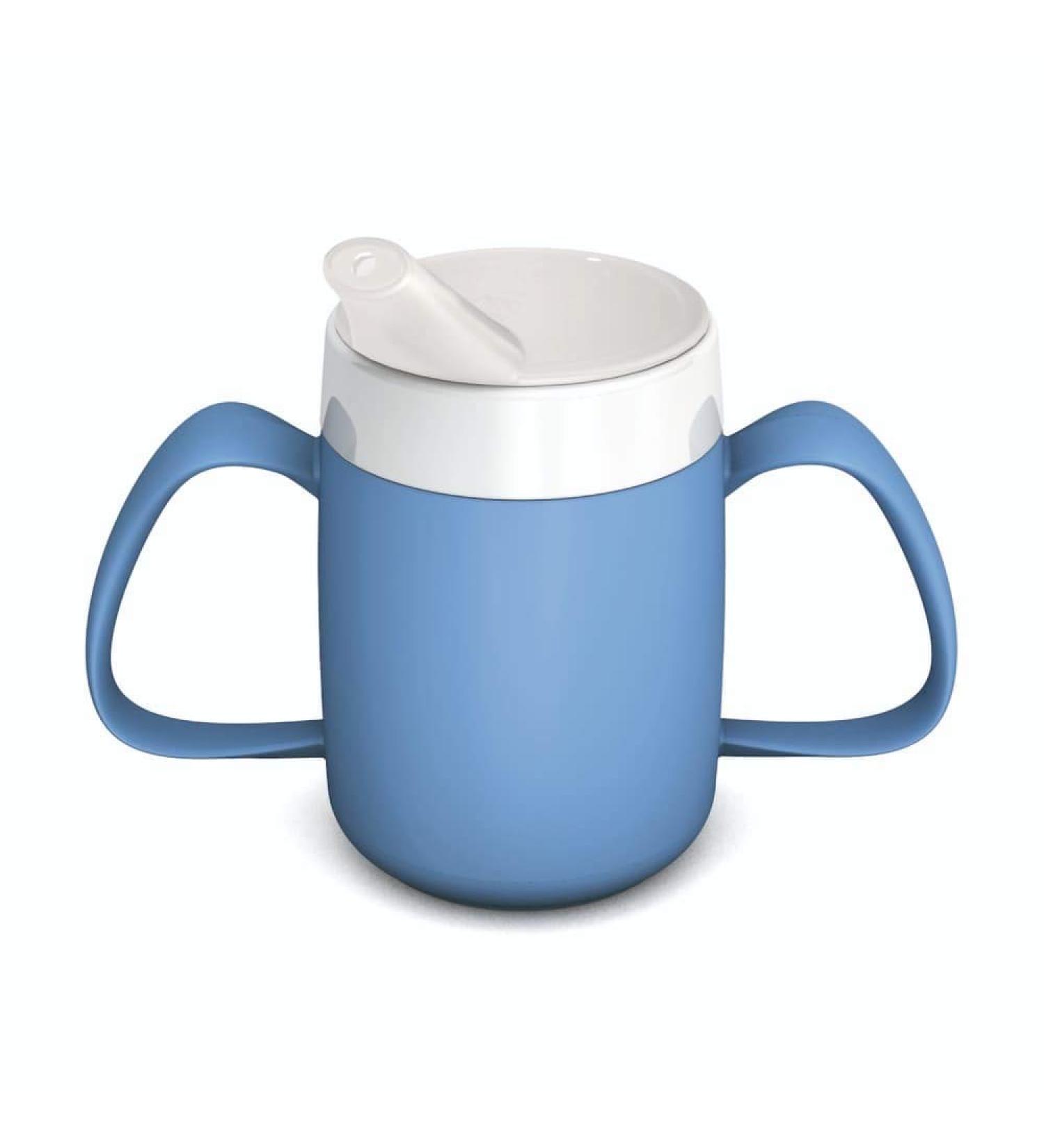 Ornamin Two Handled Mug with Internal Cone 140 ml Light Blue with Spouted Lid with Small Opening (Model 815 + 806) | Drinking aid