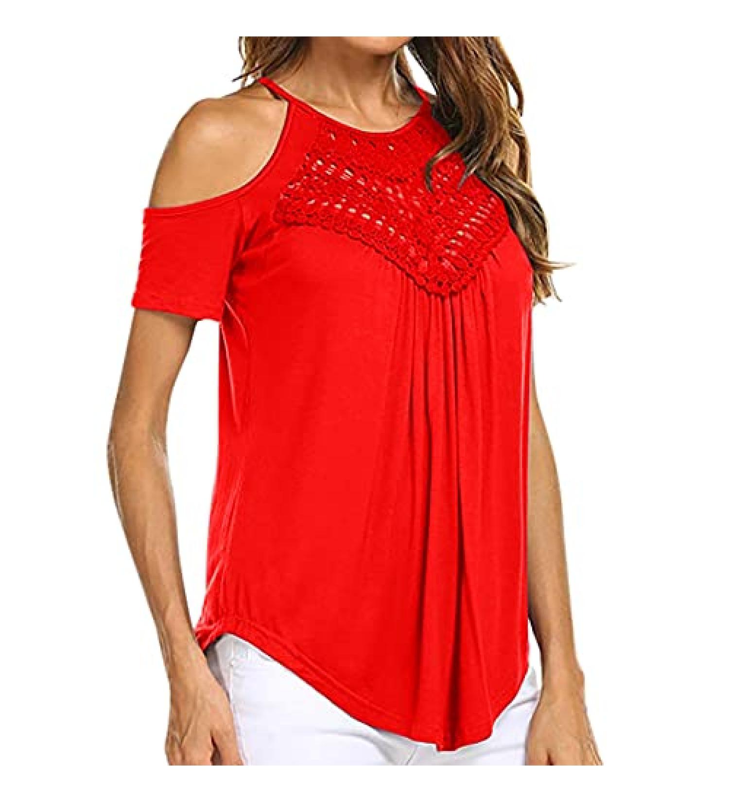 Women's Red Cold Shoulder Flowy Summer Top - Short Sleeve Casual Tee - Buy Online on GoSupps.com