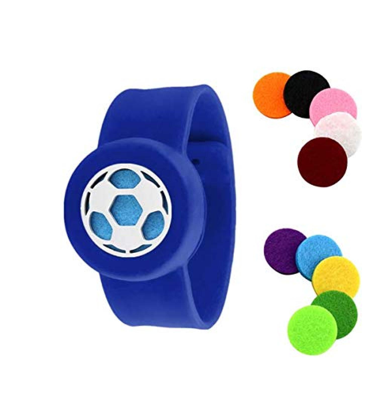 Aromatherapy Slap Bracelet for Kids Essential Oil Diffuser Bracelet Releases Calming Scents to Ease Anxiety and Enhance Focus Includes 10 Reusable Felt Pads (Soccer Ball) (Blue)