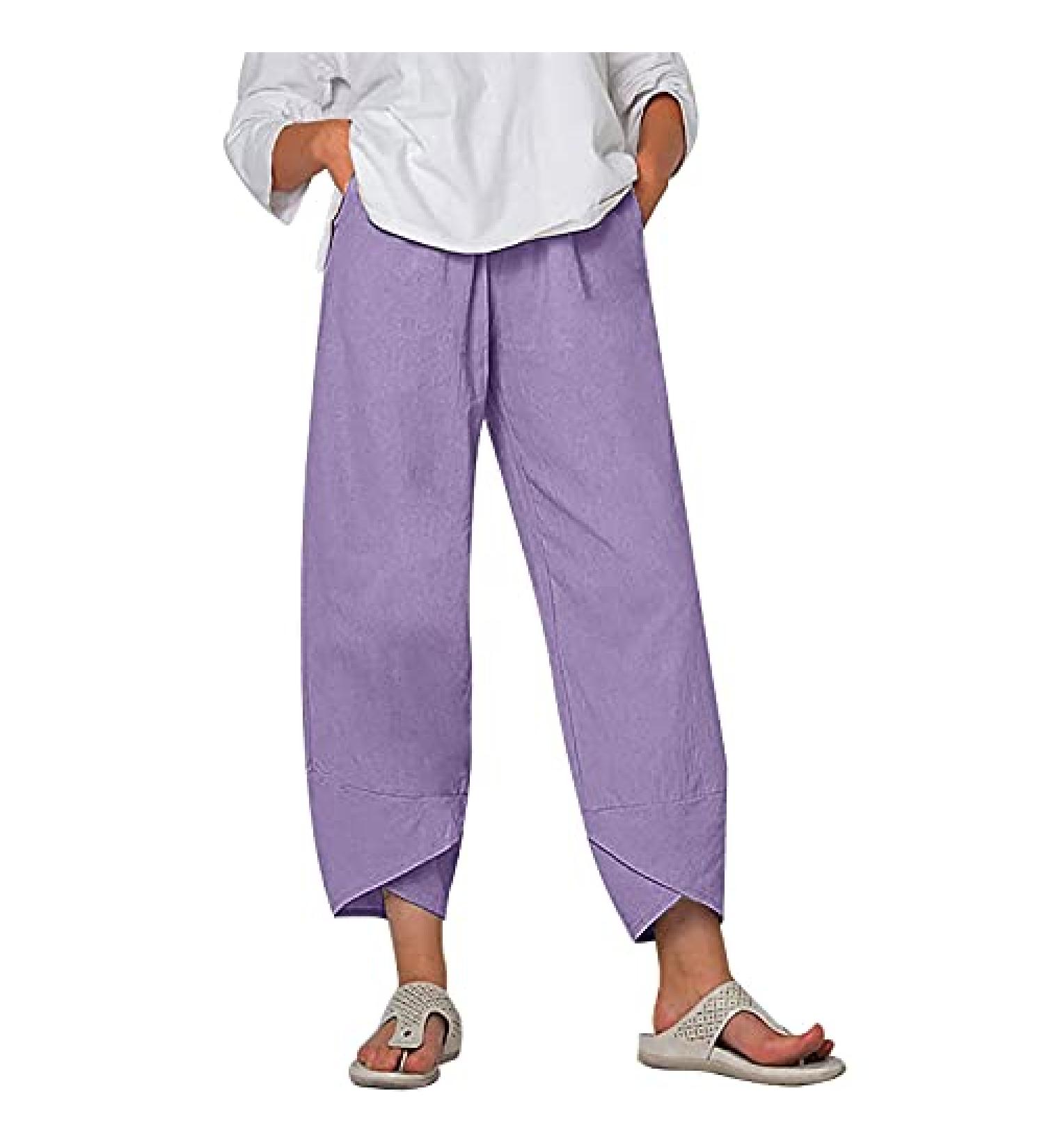 FUMOOD Womens Plus Size Purple Linen Cotton Wide Leg Cropped Pants - Summer Boho Casual Tapered Harem Ankle Trousers (Small) - Buy Online on GoSupps.com