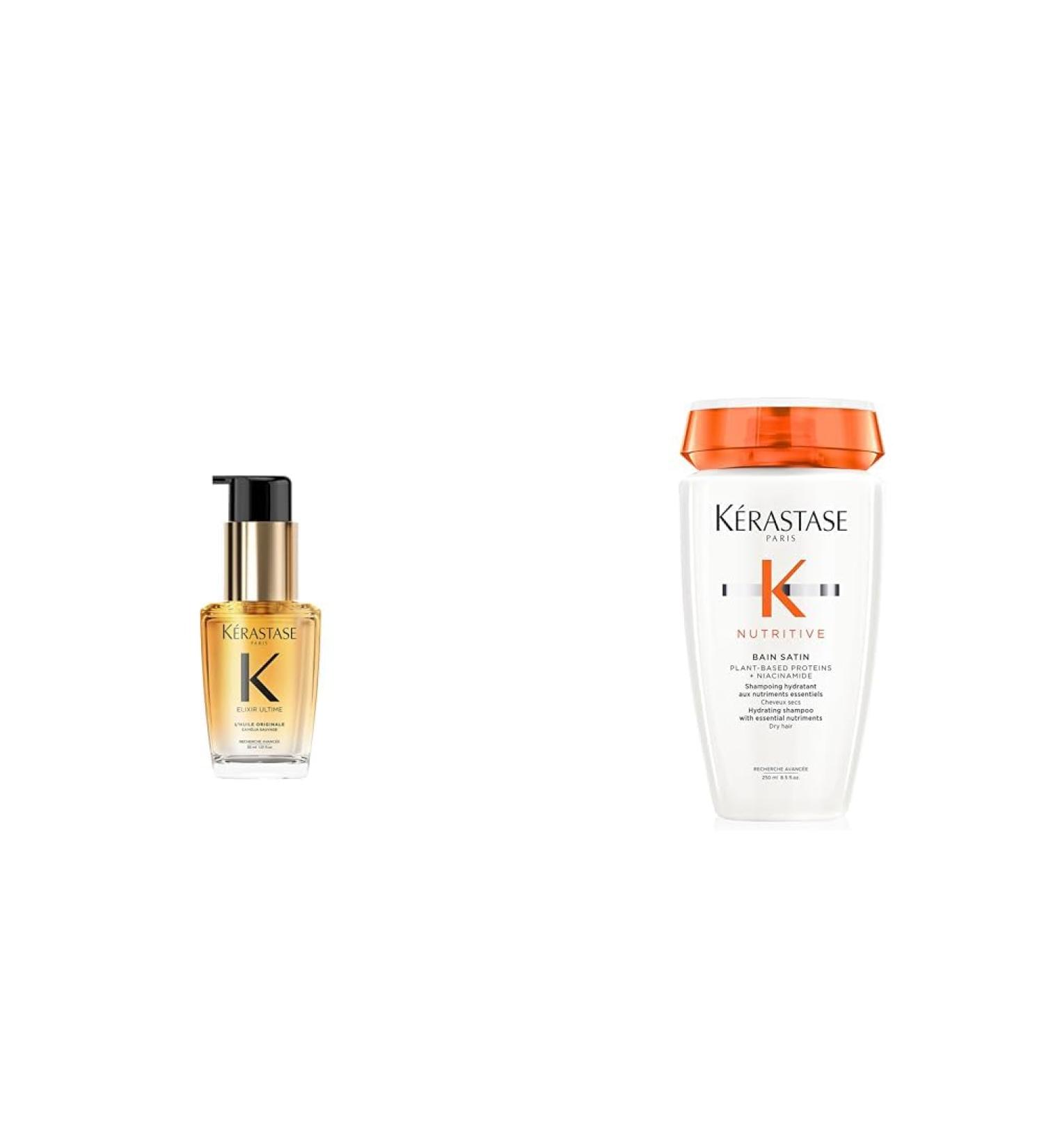 Duo K RASTASE Elixir Ultime - L'Huile Originale - Huile Capillaire Nourrissante Multi-Usage - Tous Types de Cheveux - 30ml + K RASTASE Nutritive - Bain Satin - Cheveux Secs Fins Moyens - 250 ml